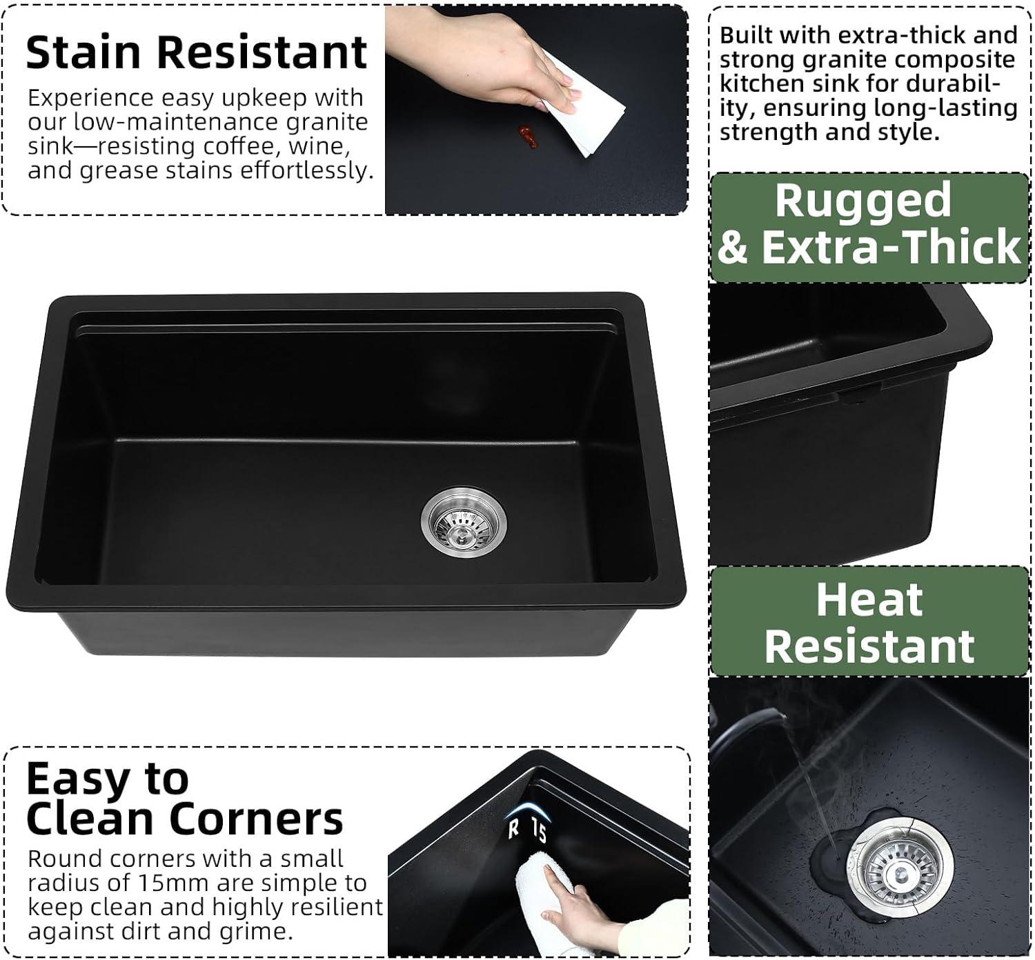 Davivy 33 Inch Black Granite Composite Kitchen Sink Workstation, 33 X 22 Quartz Composite Dual Mount Sink, Matte Black Composite Single Bowl Sink
