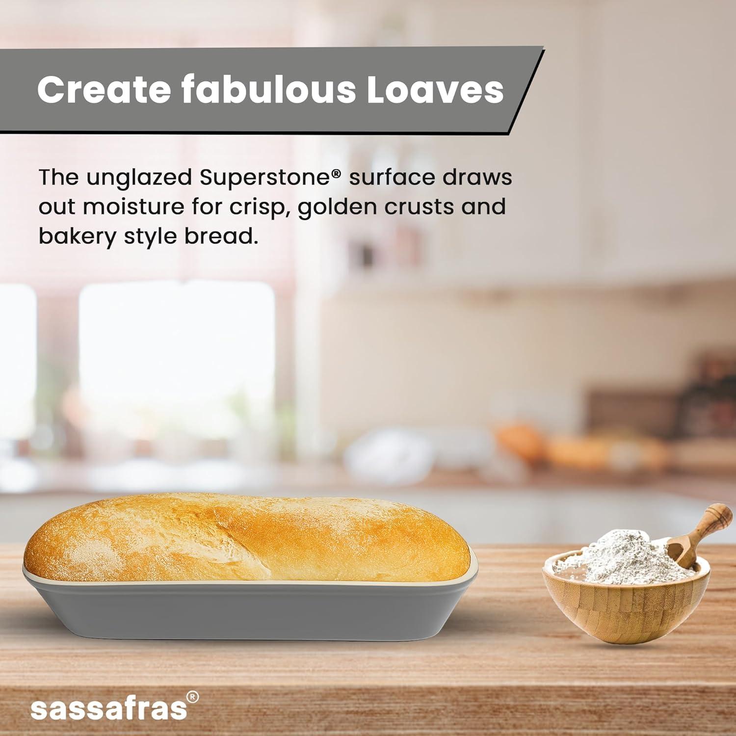 Sassafras Superstone® Covered Bread Baker with Lid - Bisque Glazed Exterior and Unglazed Interior Stoneware Bakeware - Bakes an Artisan Italian Bread with Crusty Crust and a Light Crumb