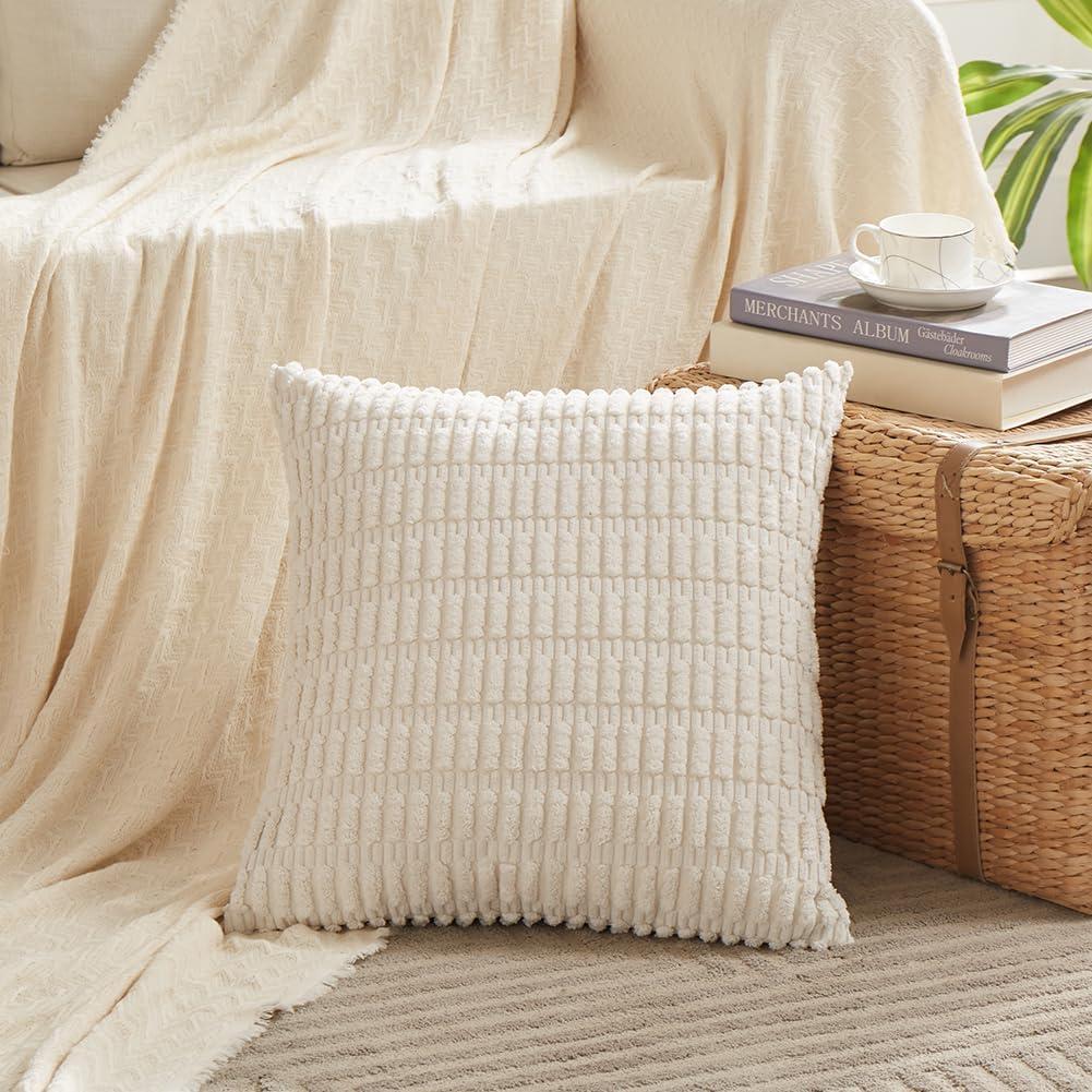 Fancy Homi 2 Packs Boho Decorative Throw Pillow Covers 18x18 Inch for Living Room Couch Bed Sofa, Rustic Modern Farmhouse Home Decor, Soft Corduroy Cream Square Cushion Case 45x45 cm