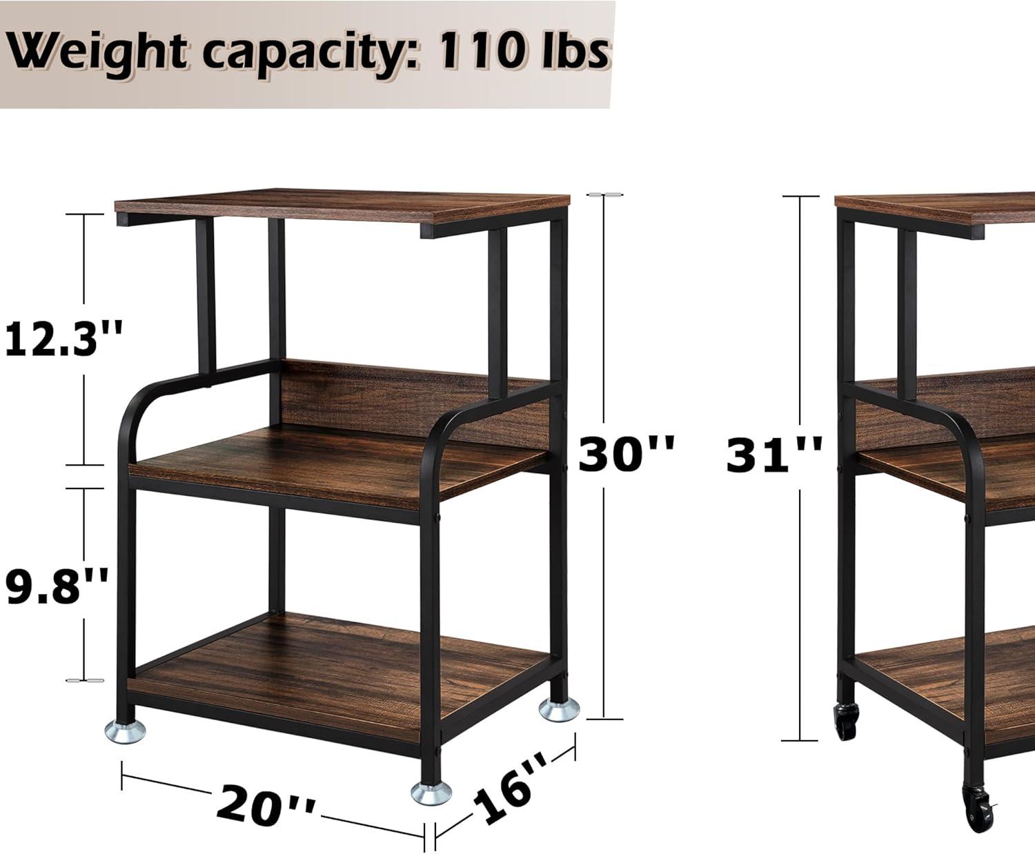 3-Tier Mobile Printer Stand on Wheels with Storage Shelves Industrial Style Machine Cart Organizer Table for Office and Home Rustic Brown Wood and Black Metal Finished