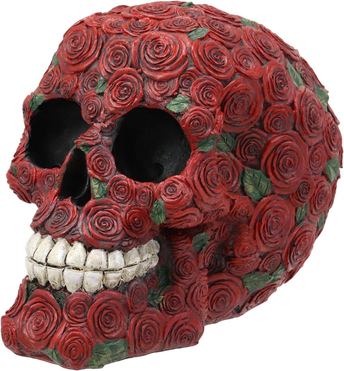 Day of The Dead Red Floral Roses With Green Petals Sugar Skull Figurine Decor