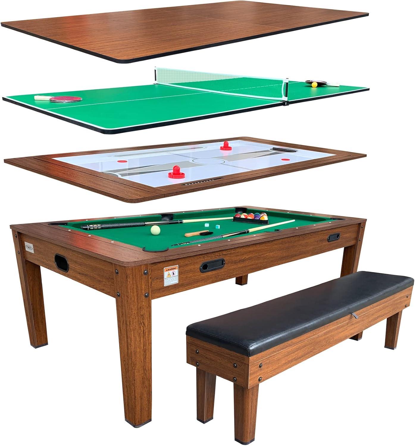RACK Pool Tables Rack Luxor 7.5-Foot 4-In-1 Multi-Game Swivel Billiard/Pool Table (Blue Felt With 2 Bench)