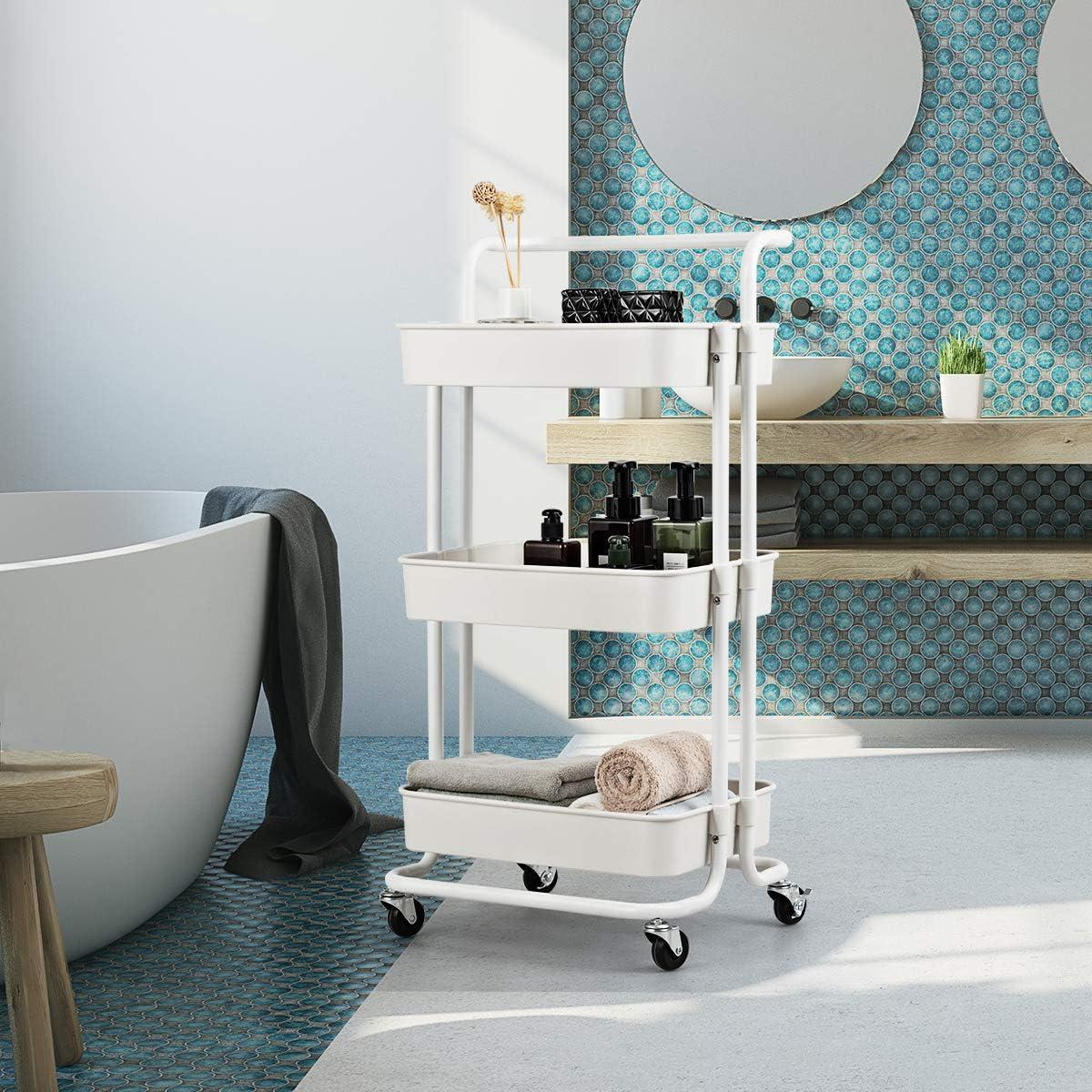 White 3-Tier Metal and ABS Rolling Utility Cart