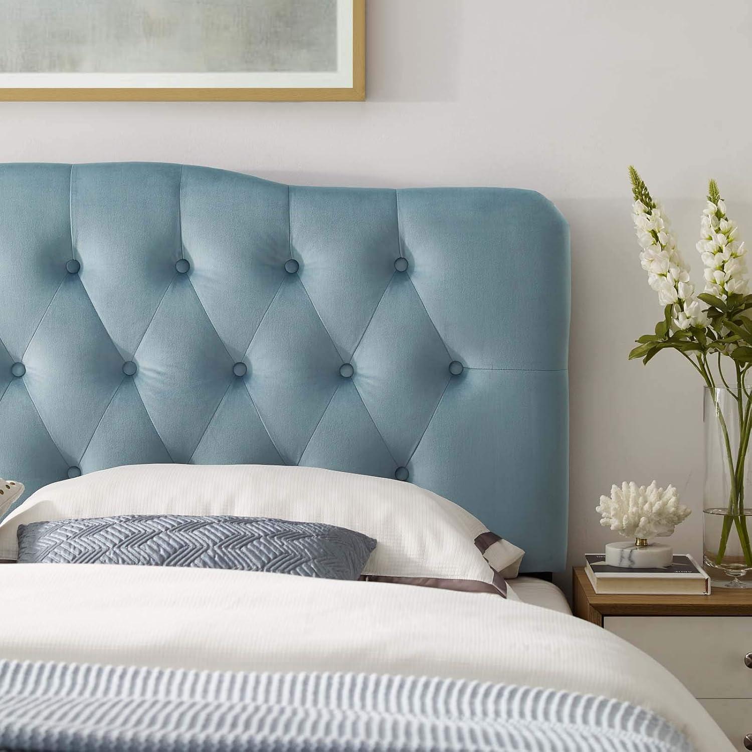 Elegant Light Blue Velvet Tufted Queen Headboard