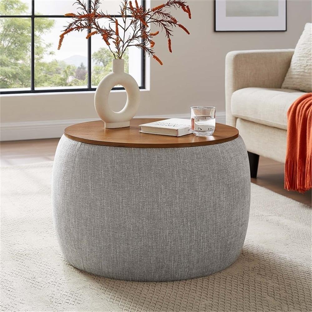 Heathered Gray Round Storage Ottoman with Wood Tray Lid