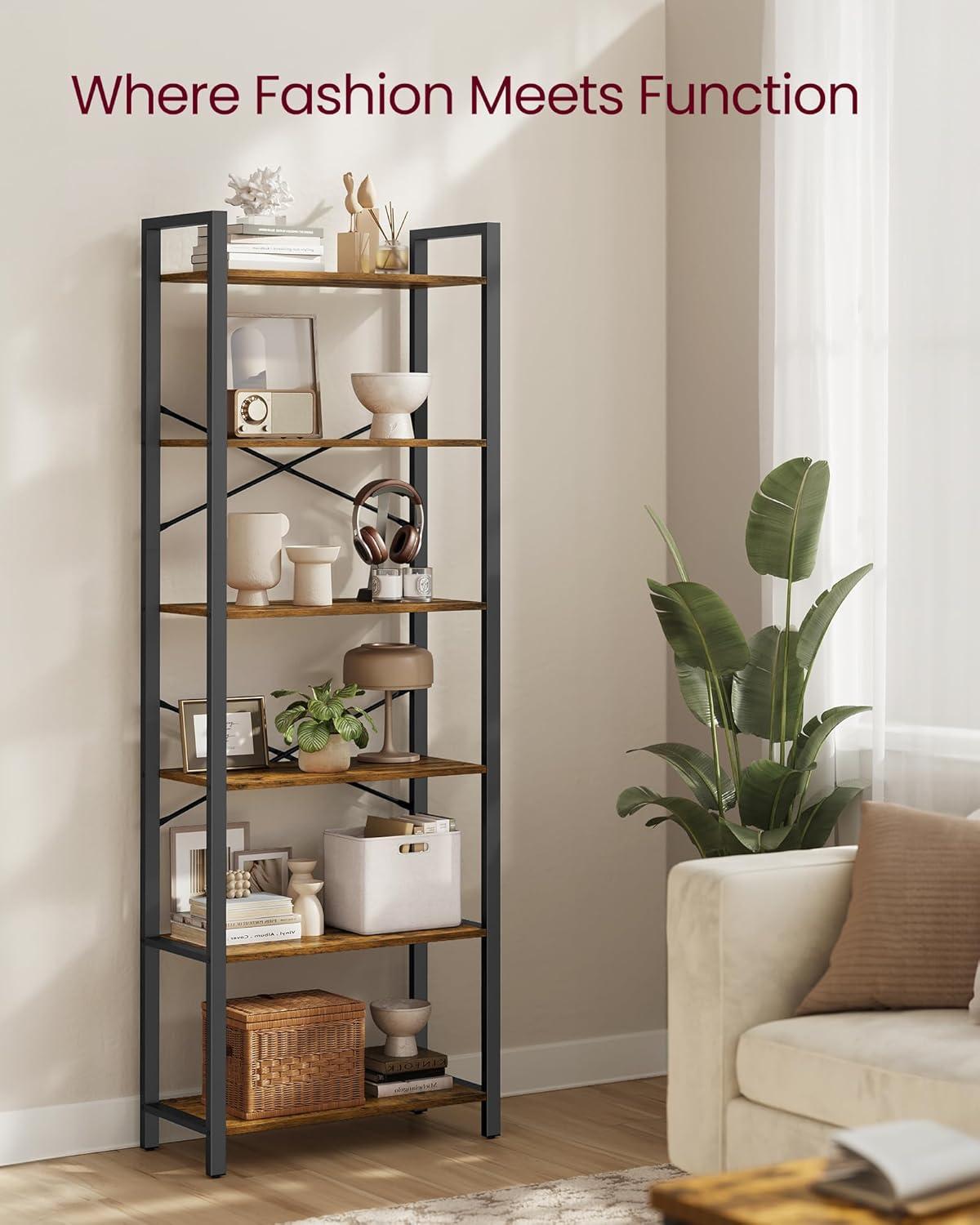 6-Tier Tall Bookshelf Large Bookcase with Steel Frame Deep Book Shelf for Living Room Home Office Study Rustic Brown and Black