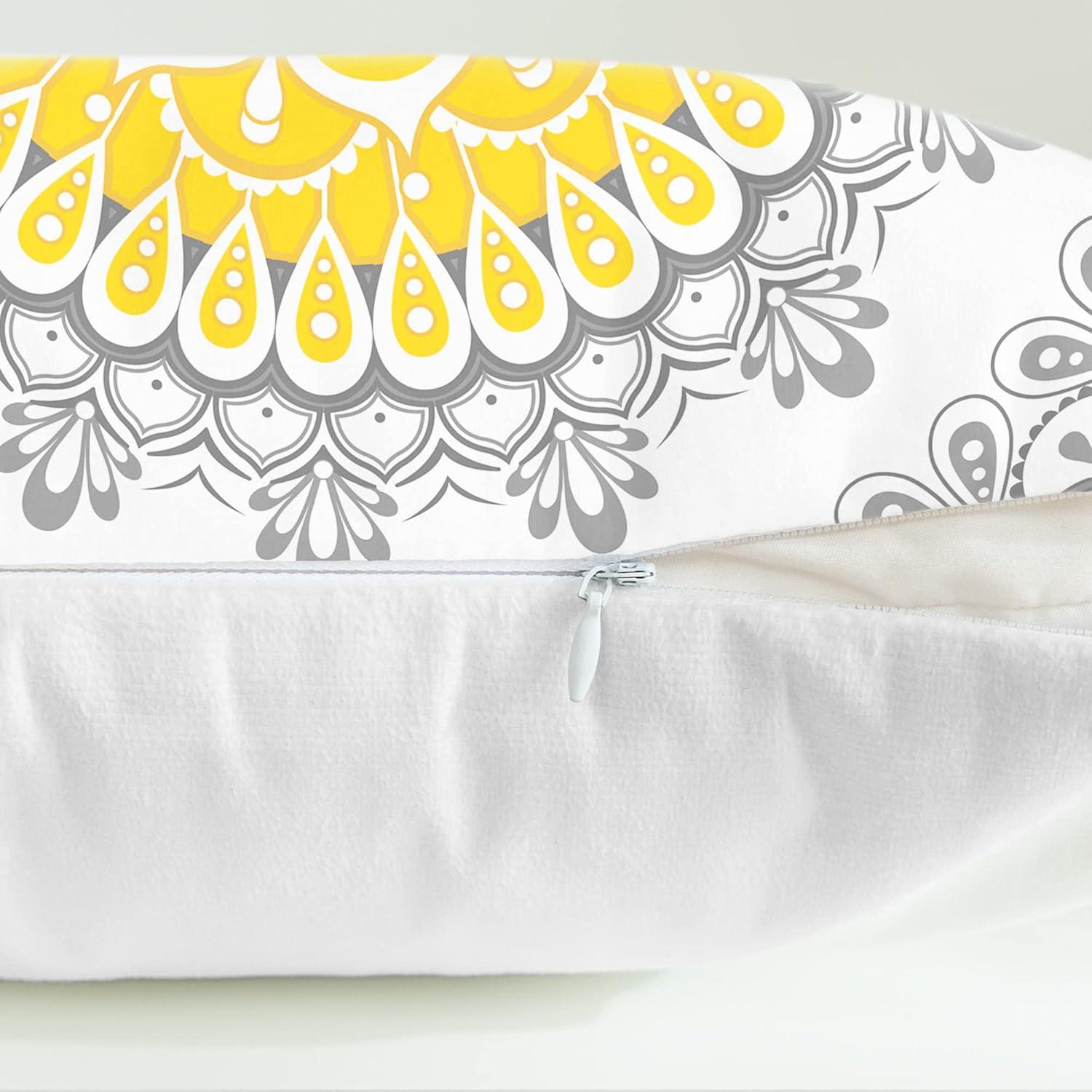 CaliTime Throw Pillow Covers Pack of 2 Cozy Fleece Mandala Dahlia Floral Medallion Compass Style Cushion Cases for Couch Bed Sofa Farmhouse Decoration 18 X 18 Inches Yellow Grey