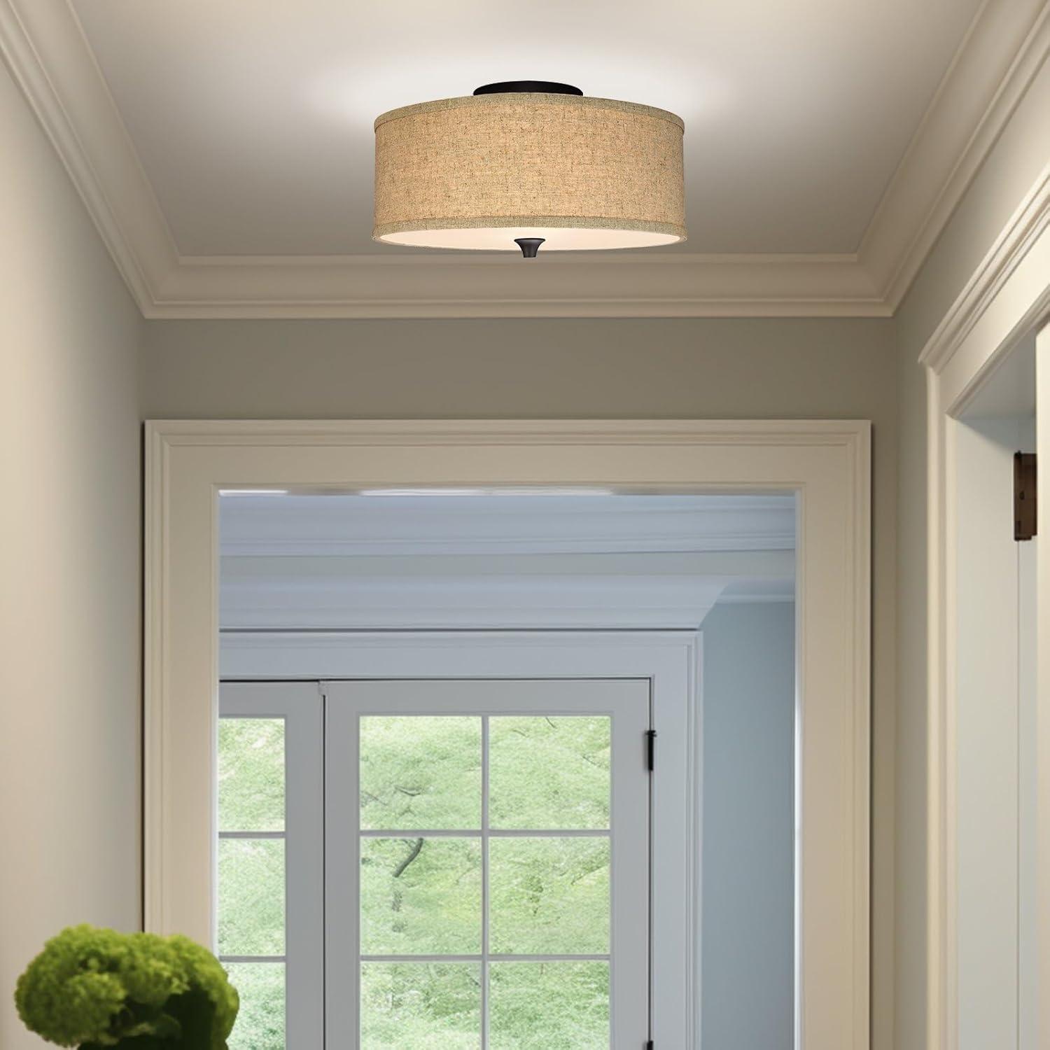 Kira Home Newport 14" Modern 2-Light Semi-Flush Mount Ceiling Light + Beige Linen Drum Shade, Oil-Rubbed Bronze Finish