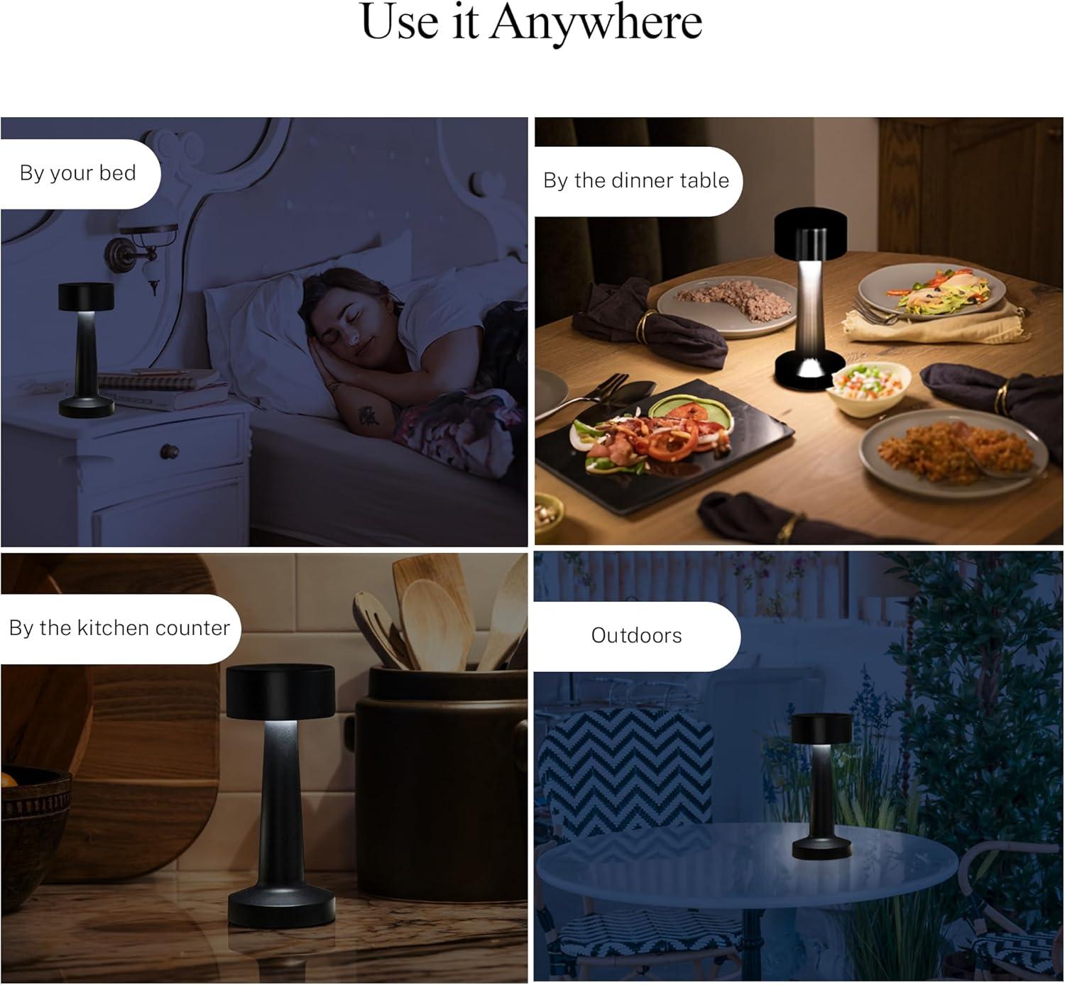 Bell + Howell Chelsea Table Lamp Small Cordless Touch LED Rechargeable Lamp for Bedside Desk Nightstand Midnight Black