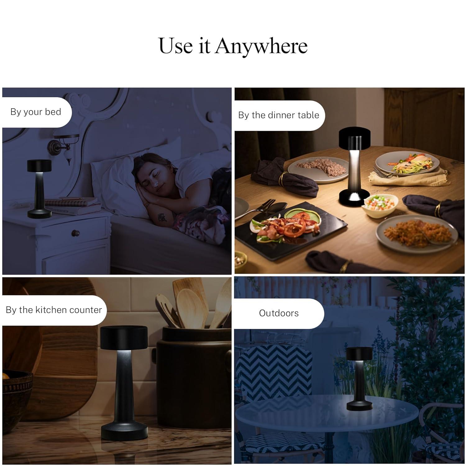 Bell + Howell Chelsea Table Lamp Small Cordless Touch LED Rechargeable Lamp for Bedside Desk Nightstand Midnight Black