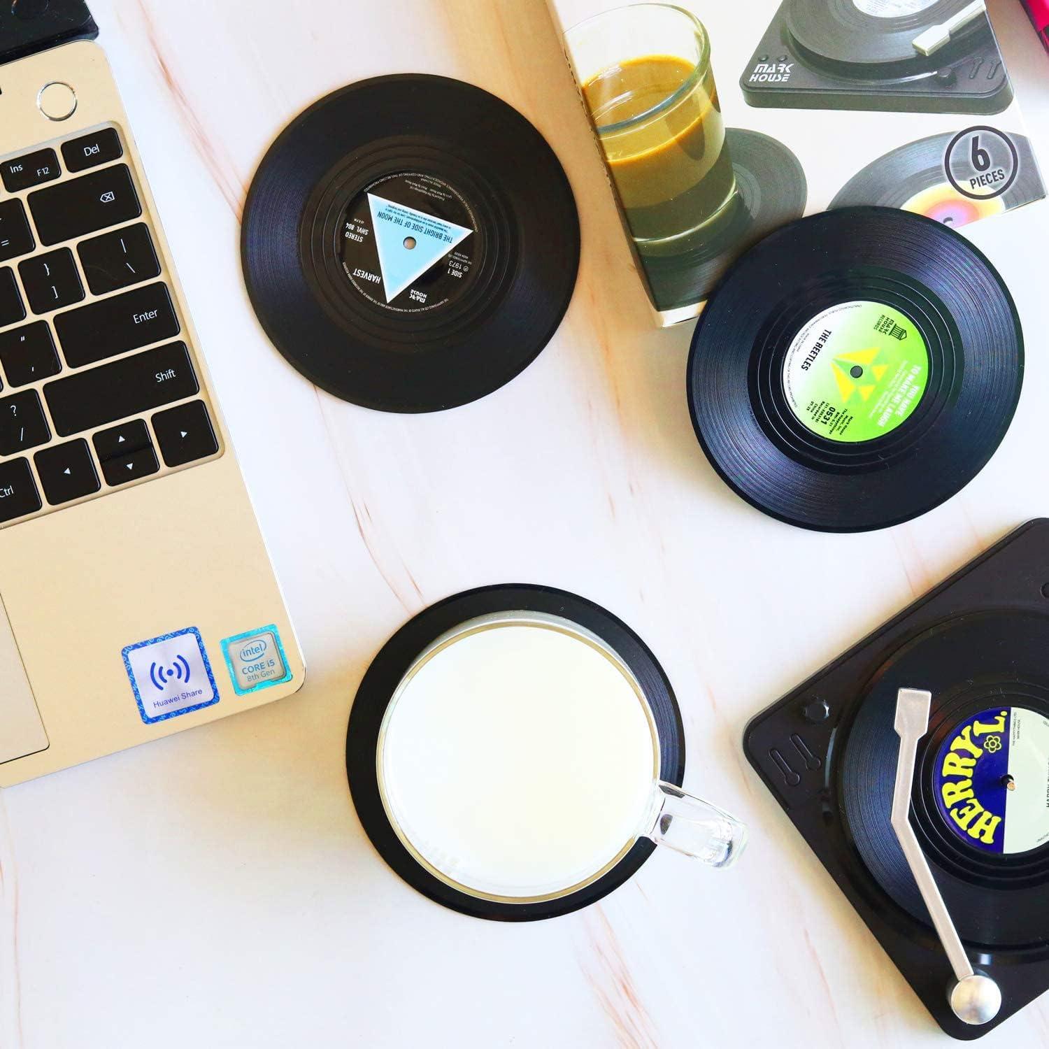 Retro Vinyl Record Coasters with Player Holder Set of 6