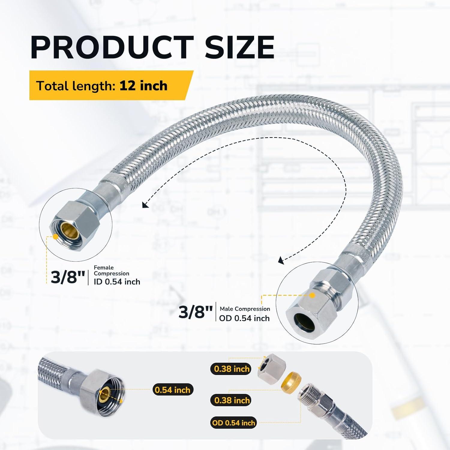 12" Faucet Supply Line Extension, 3/8" Male Comp x 3/8" Female Comp Stainless Steel Faucet Extension Hose Connector for Large Sink Longer Distance Extention, 1 Pack