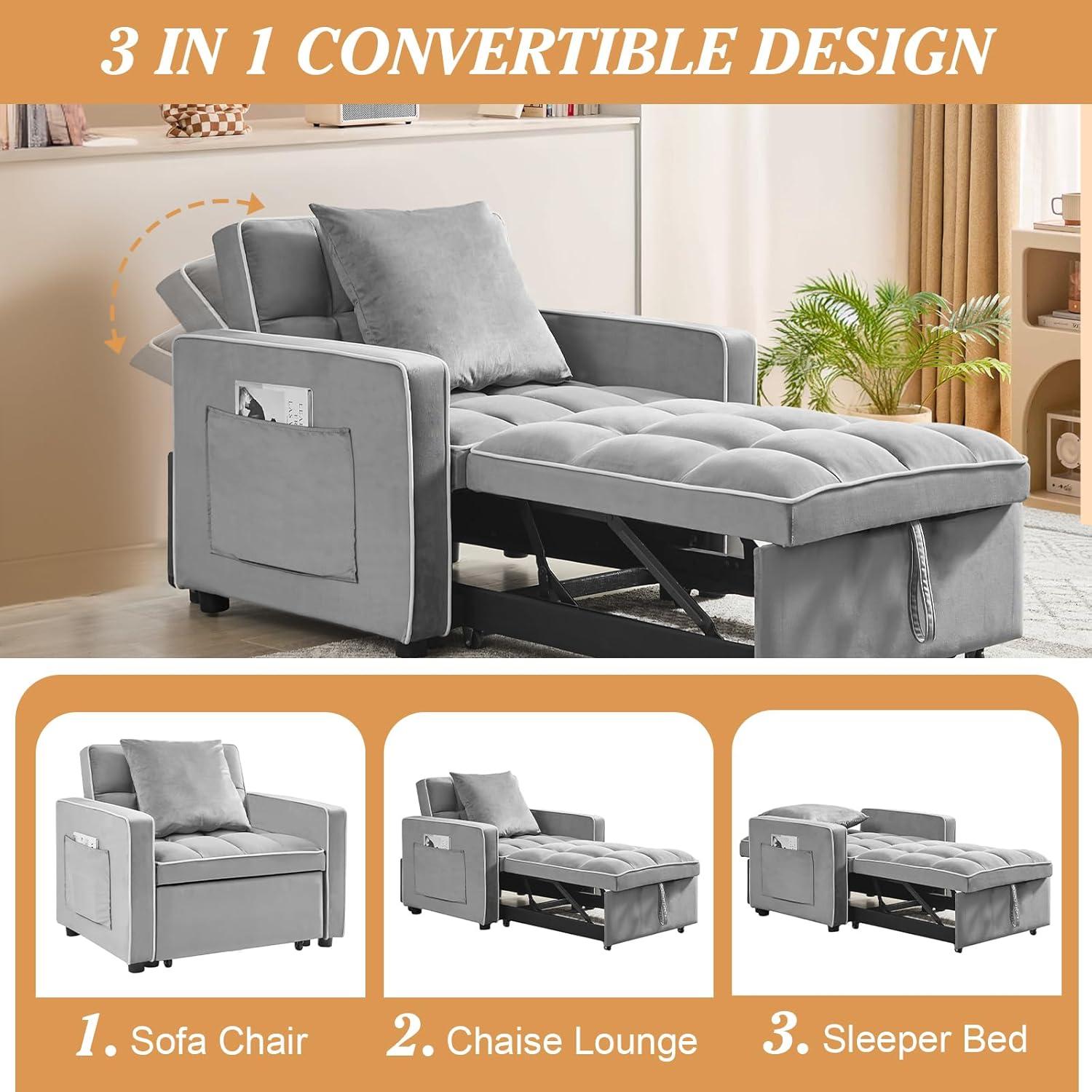Muumblus Sleeper Sofa Chair Bed, 3-in-1 Convertible Sofa Chair, Modern Adult Velvet Chaise Lounge for Living Room, Gray