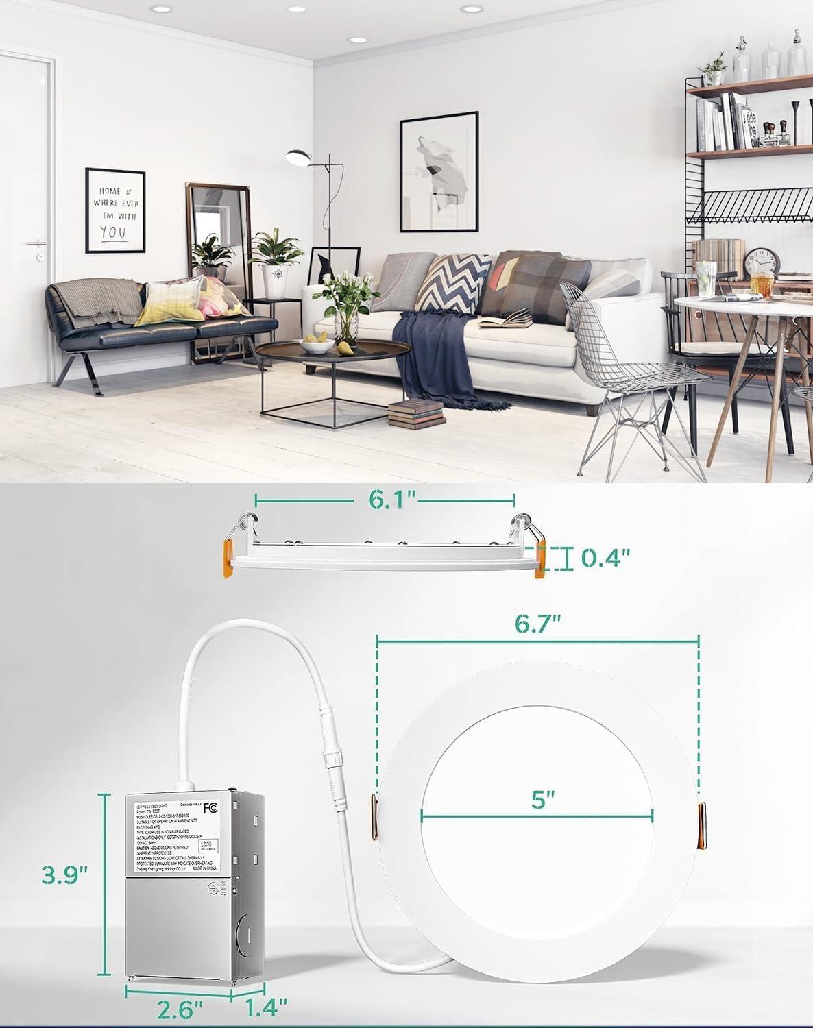 Beslowe 6 Packs 6 Inch 5CCT LED Recessed Ceiling Lights Ultra-Thin with Junction Box, 12W 150W Eqv, 3000K/3500K/4000K/5000K/6500K, 1200LM Dimmable Canless Downlights for Kitchen Hallway Dining Room