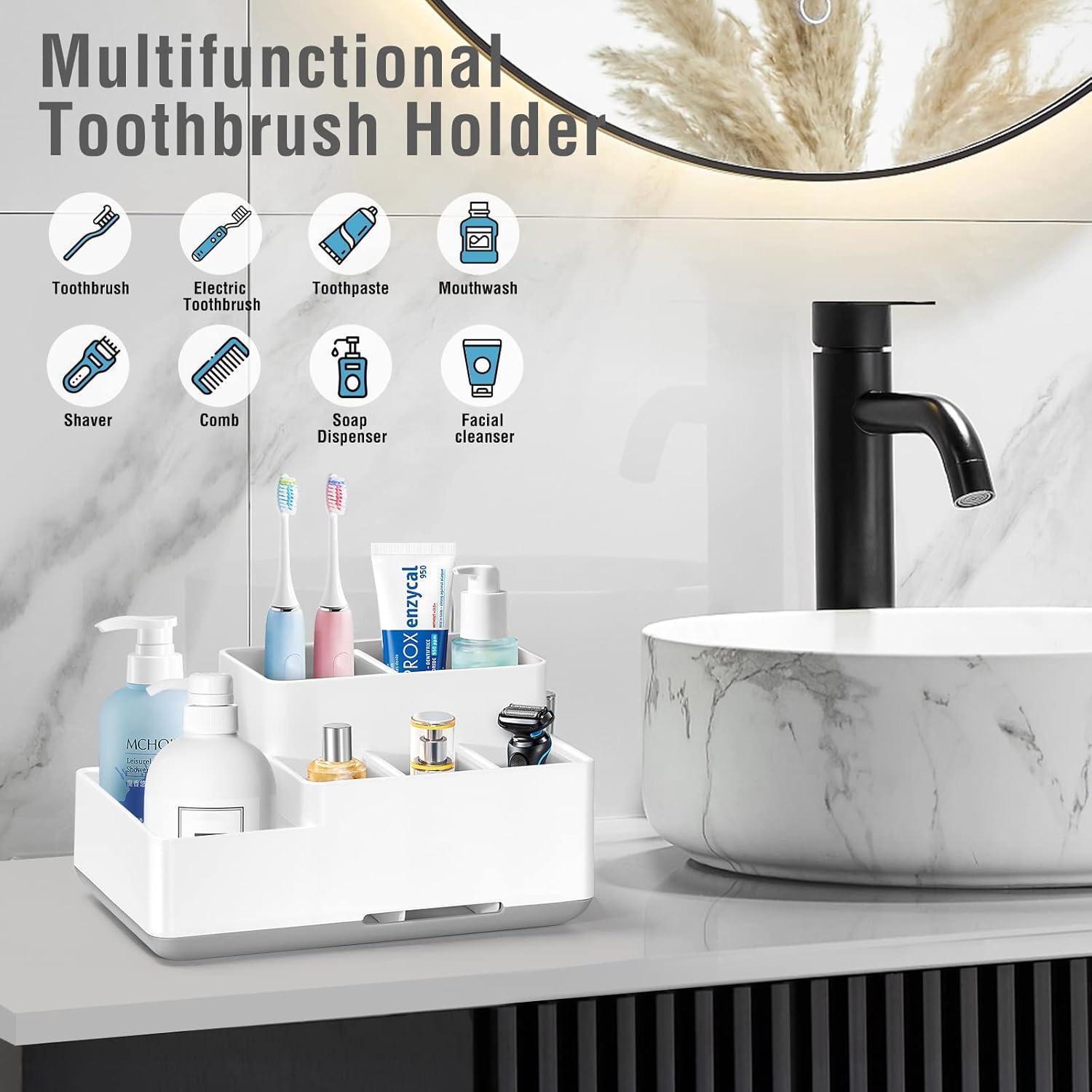 Electric Toothbrush Holder, Detachable Non-Slip Bathroom Organizer Countertop with 6 Compartments and Drainage Holes Bathroom Organizer for Bathroom, Kitchen, and Family C45