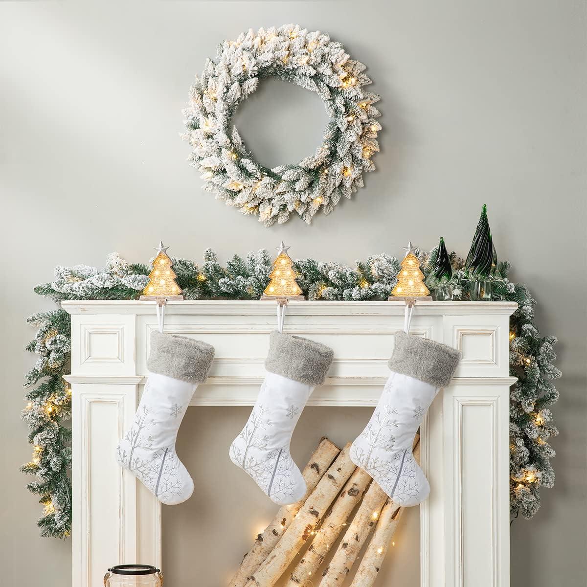 Huge Pre-Lit Artificial Pine Garland and Wreath Set with Snow Flocked Embellishments