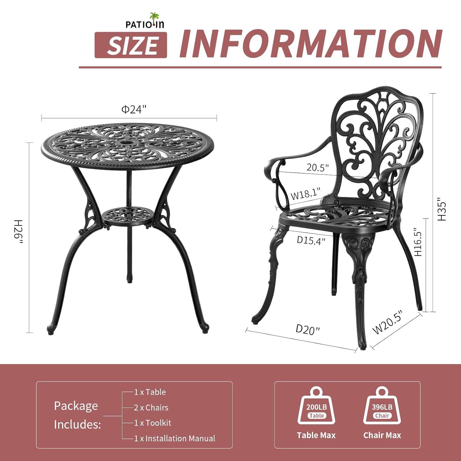 PATIO-IN 3 Piece Bistro Set Cast Aluminum Bistro Table and Chairs Set of 2 with Umbrella Hole,Patio Furniture Sets for Front Porch,Garden