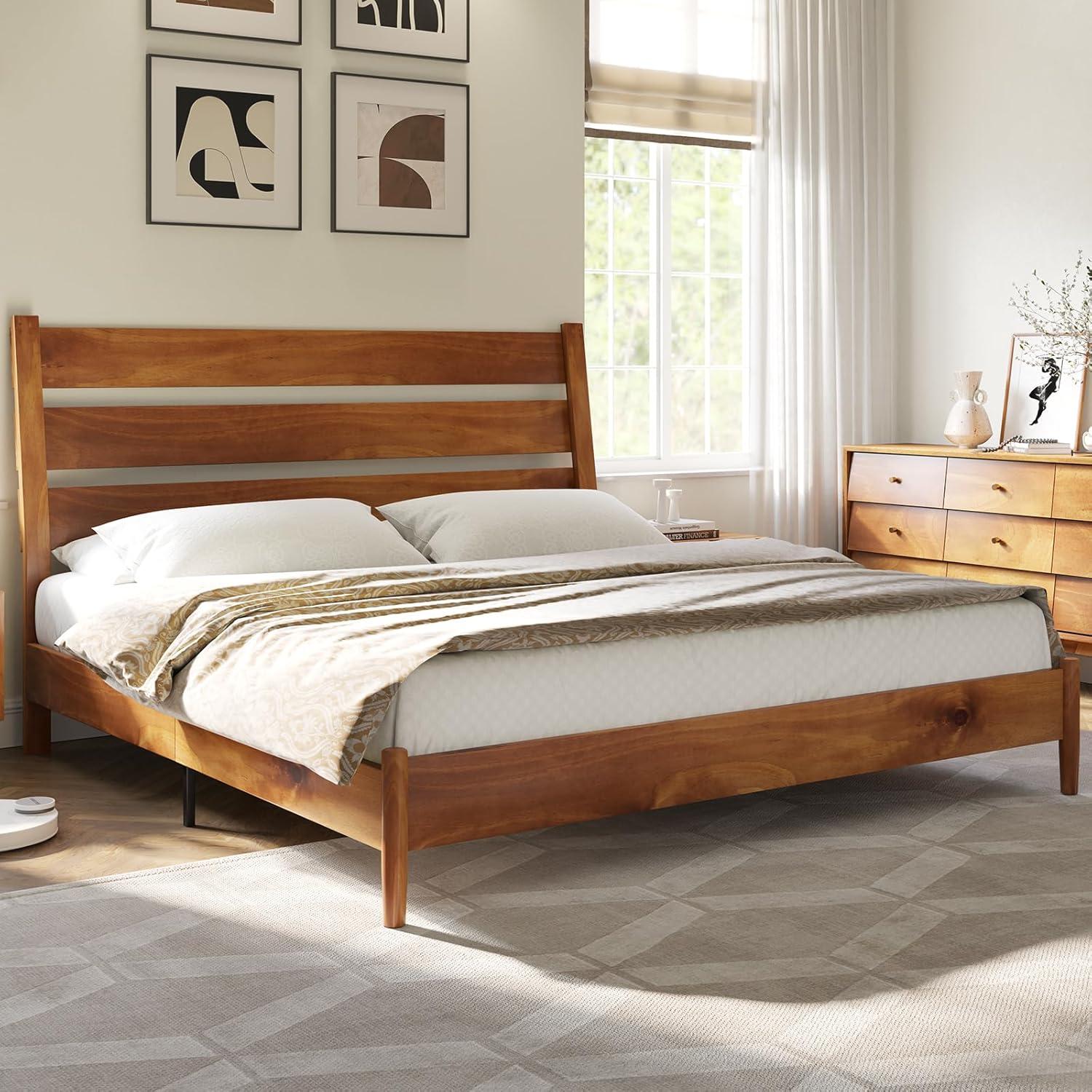 Solid Wood Bed Frame with Reclining Slatted Headboard