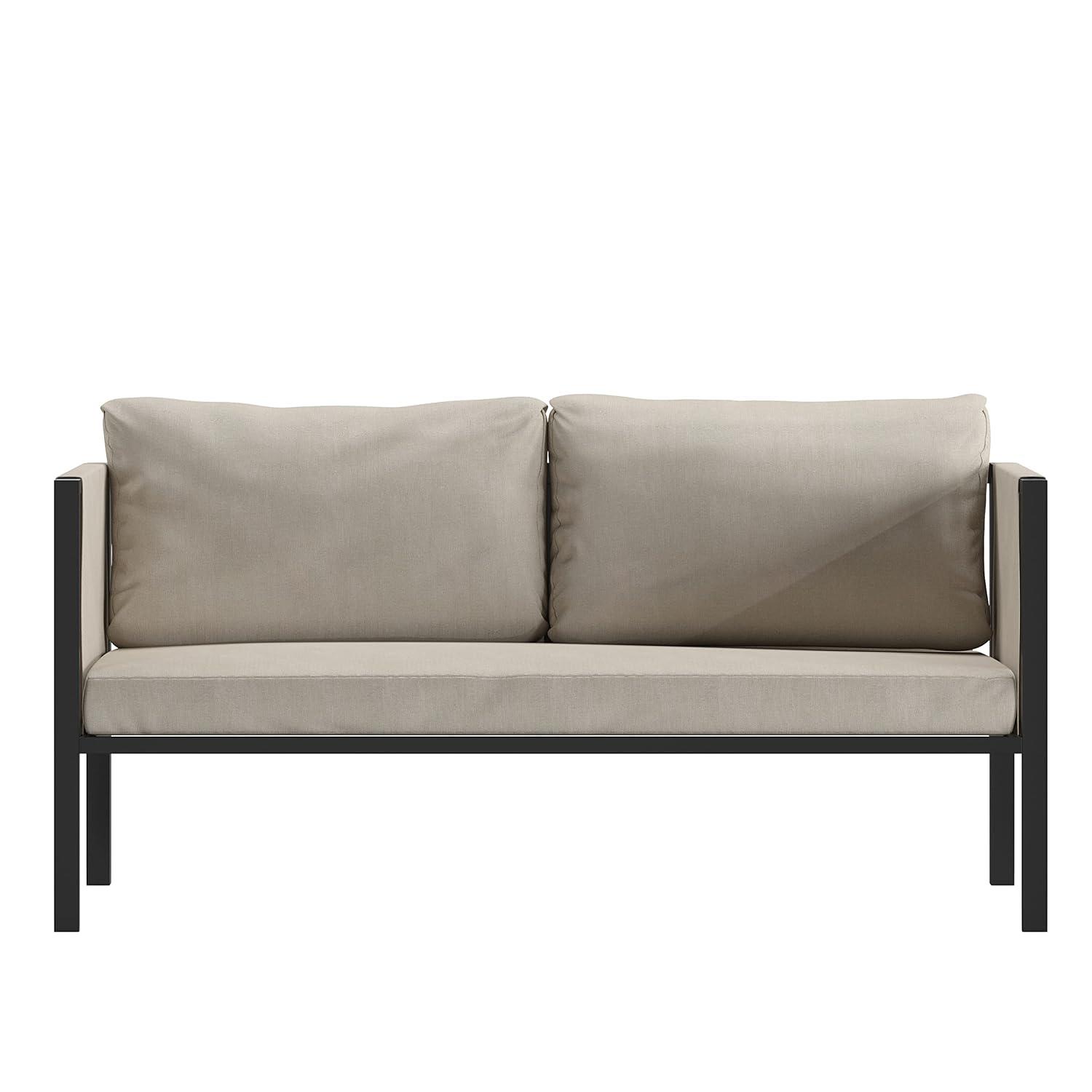 Flash Furniture Lea Indoor/Outdoor Loveseat with Cushions - Modern Steel Framed Chair with Storage Pockets, Black with Beige Cushions
