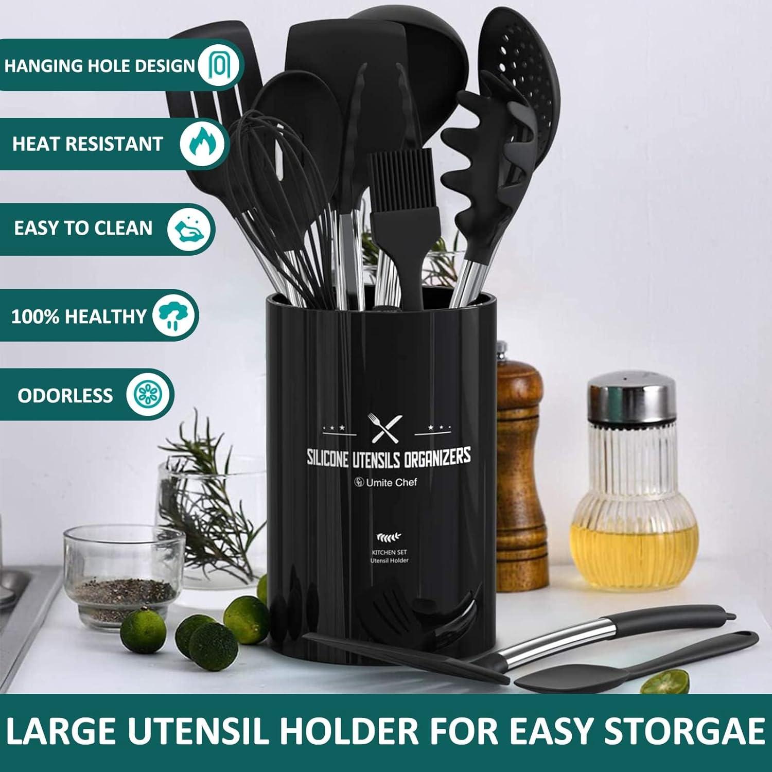 15-Piece Black Silicone Cooking Utensil Set with Stainless Steel Handles