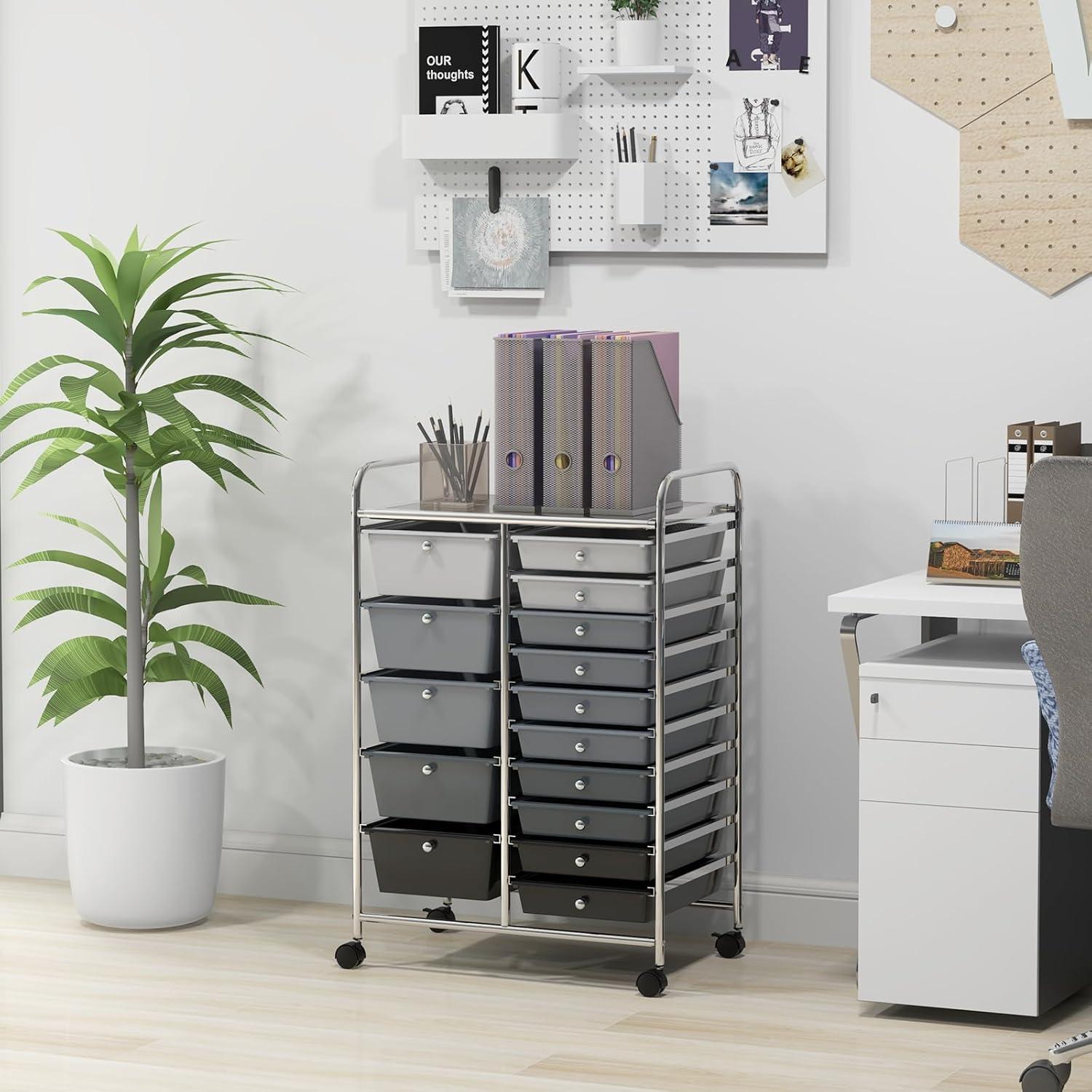 Gray and Black 15-Drawer Metal Rolling Storage Cart