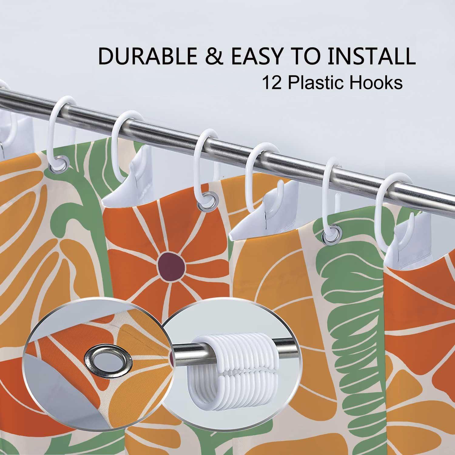 Lark Manor™ Boho Abstract Colorful Floral Shower Curtain, Vintage Retro Patchwork Orange Green Flower Botanical Geometric Bathroom Decor Shower Curtain Set With 17 Hooks,(Flower)