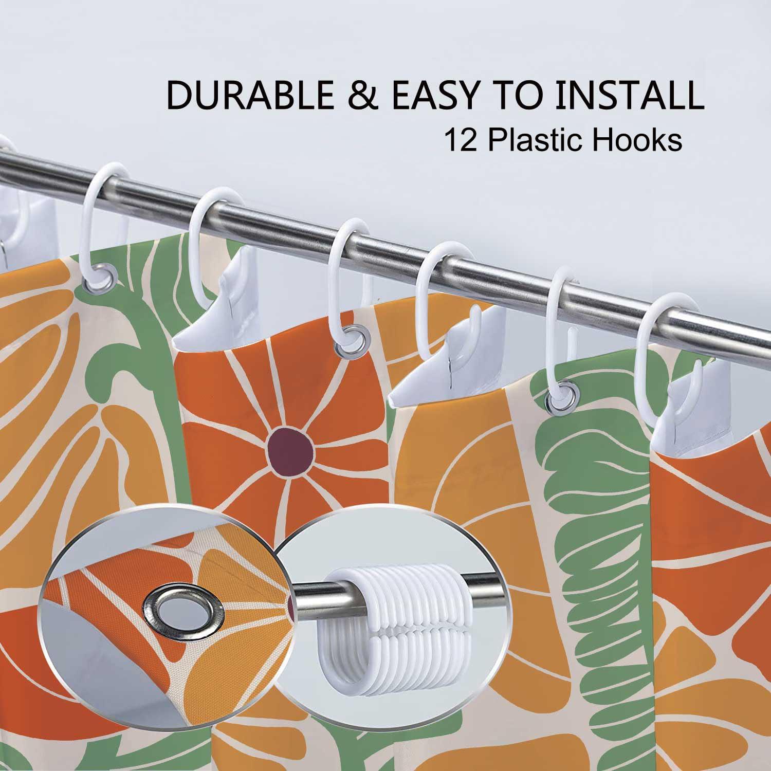 Lark Manor™ Boho Abstract Colorful Floral Shower Curtain, Vintage Retro Patchwork Orange Green Flower Botanical Geometric Bathroom Decor Shower Curtain Set With 17 Hooks,(Flower)