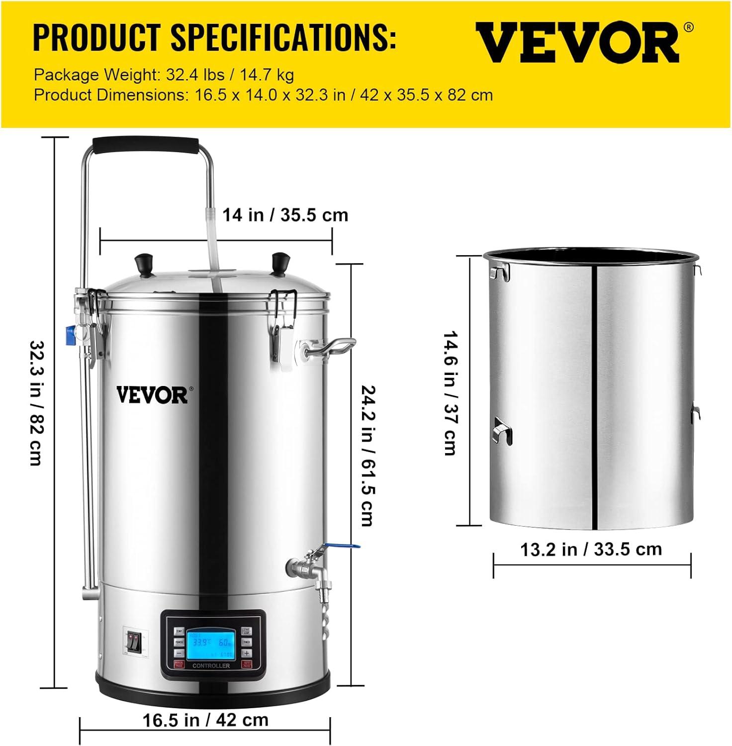 VEVOR Electric Brewing System, 9.2 Gal/35 L Brewing Pot, All-in-One Home Beer Brewer w/Pump, Mash Boil Device w/Panel, Auto/Manual Mode 100-1800W Power 25-100℃ Temp 1-180 min Timer Recipe Memory