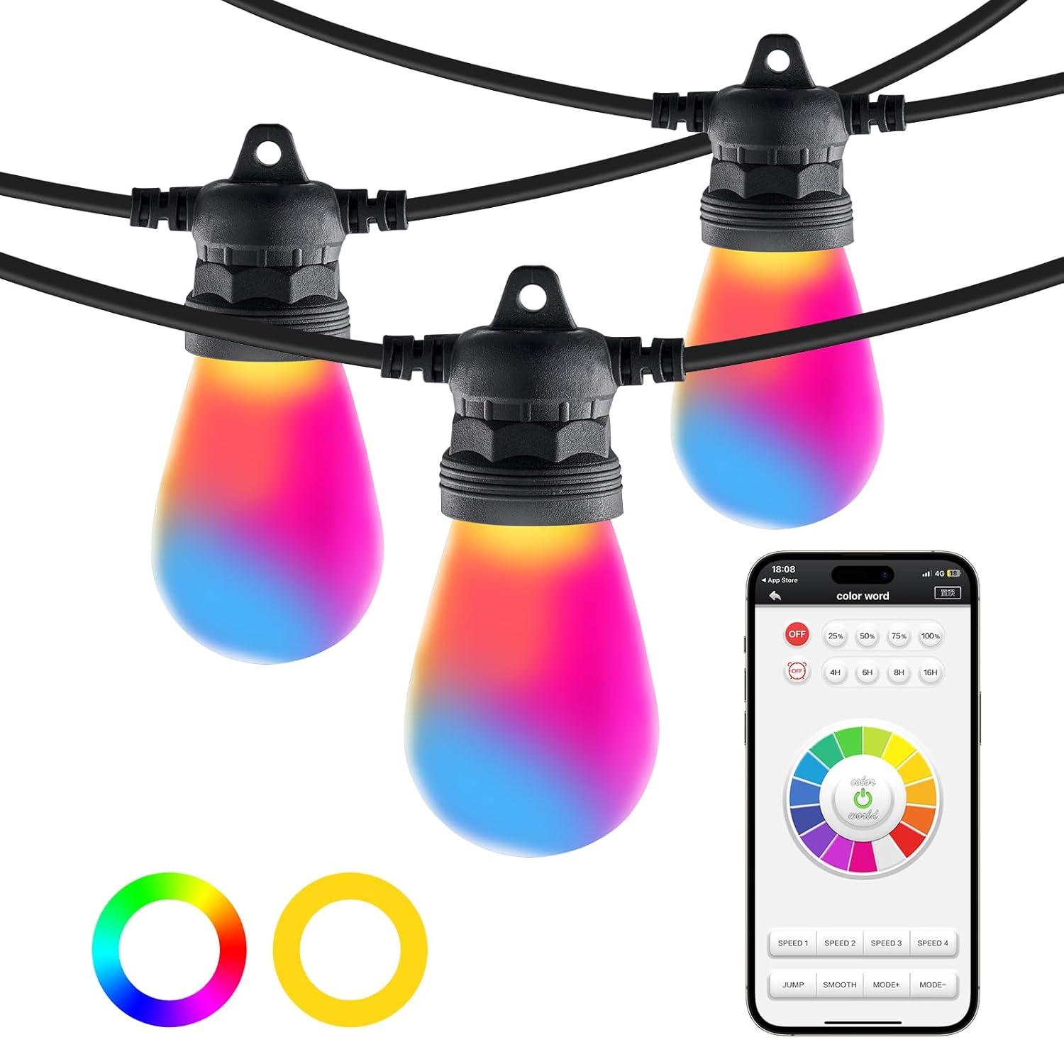 Stellweilan Tessberg 100FT RGB Outdoor String Lights Waterproof Patio Lights with APP Control
