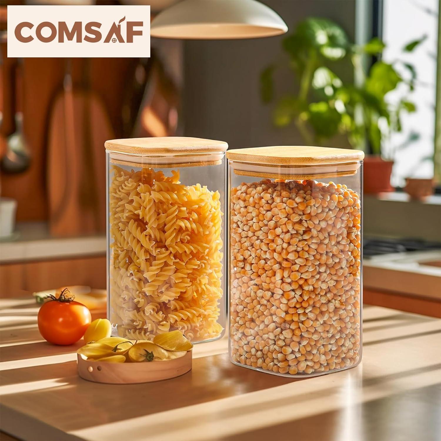 44Oz Glass Storage Containers With Lids, Glass Jars With Lids, Clear Food Storage Jar, Square Glass Canister Set Of 3, Pantry Organizers And Storage For Flour Oat Pasta Tea Cookie Coffee Bean