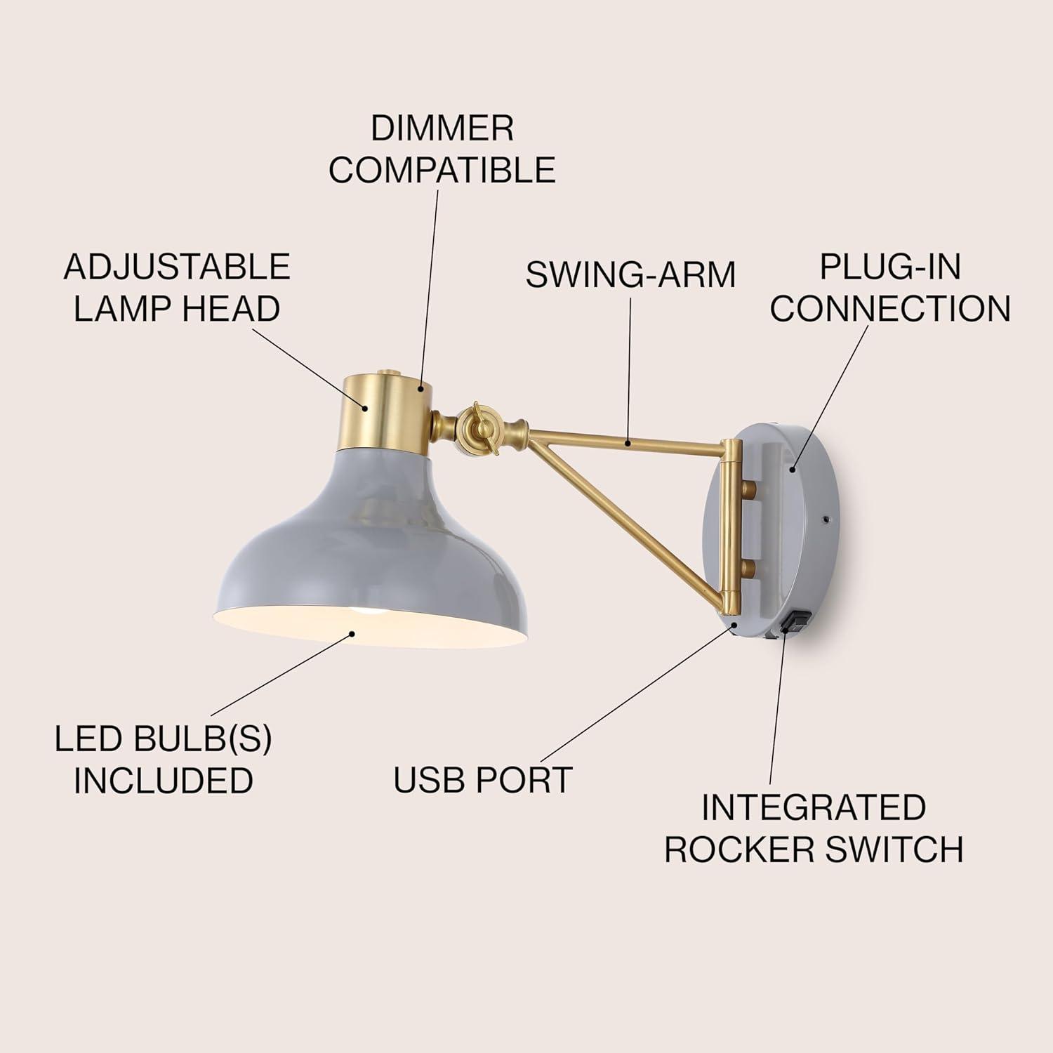 Gray and Brass Gold Swing Arm Wall Sconce with USB Port