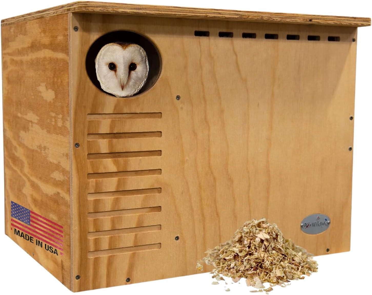 JCs Wildlife Barn Owl Nesting Box Large House Crafted in USA - Exterior Grade Treated Plywood - Mounting Hardware and Pine Shavings Included -