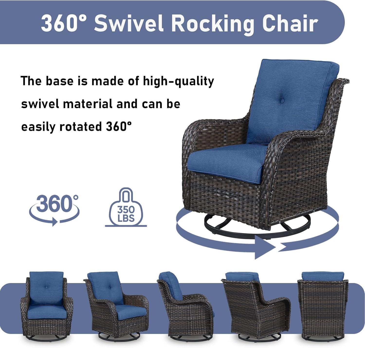 Outdoor Swivel Rocker Patio Chairs-Wicker Patio Swivel Chairs Set of 2 PE Rattan Patio Furniture for Porch Deck Balcony Garden-Brown/Blue