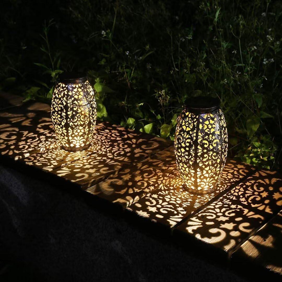 Silver Outdoor Solar Lantern with Hollowed Pattern Design