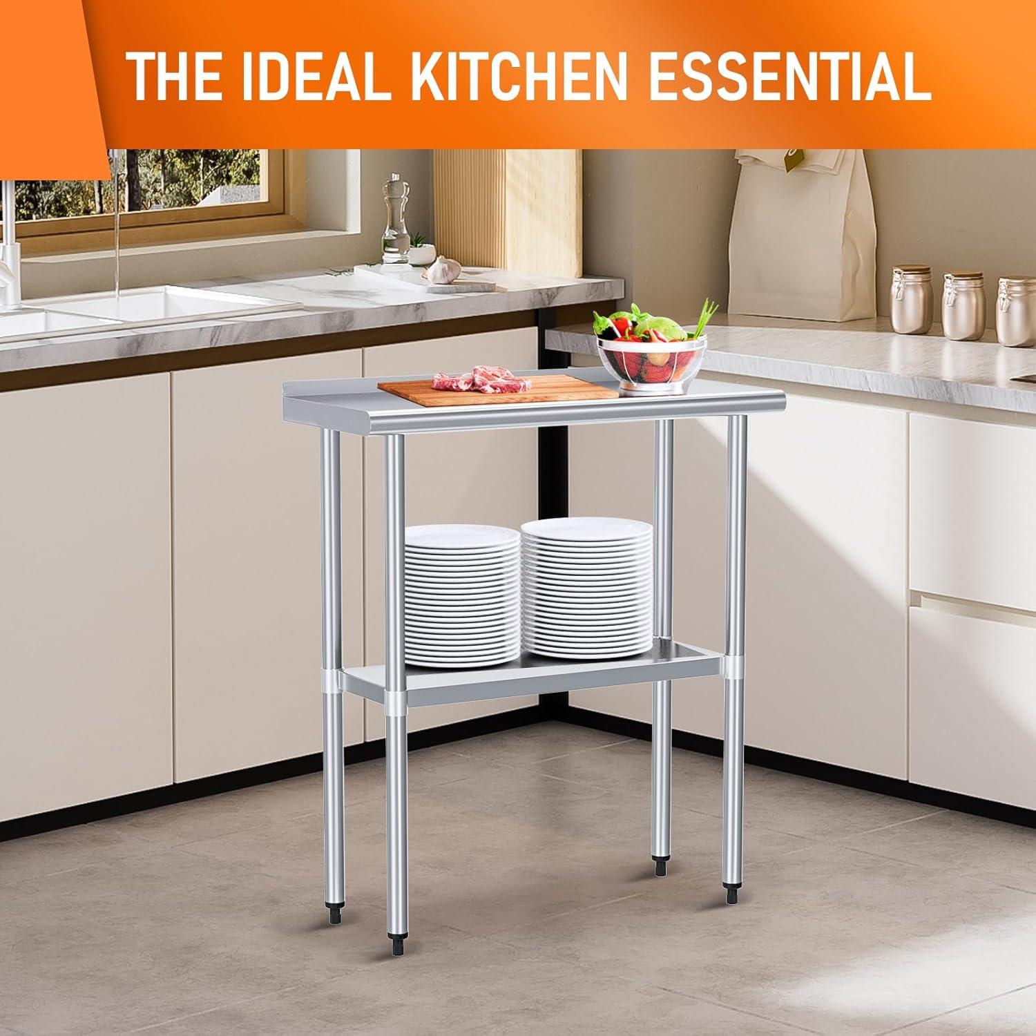 Stainless Steel Table 24" x 30" with Adjustable Undershelf and Backsplash, Commercial Metal Workstations for Kitchen, Garage, Outdoor BBQ