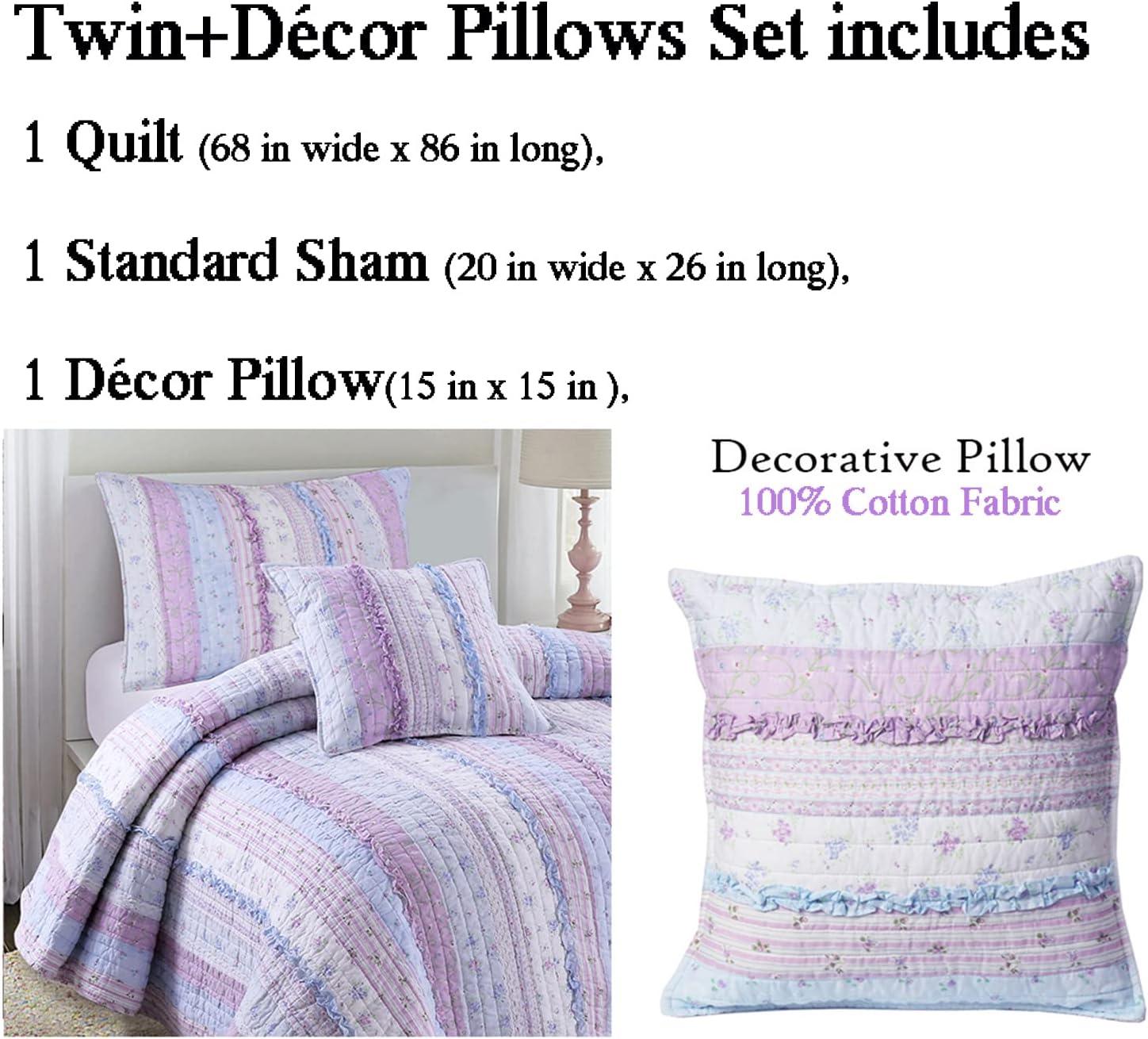 Porch & Den  Gwinnett Chic Lace Quilt Bedding Set Lavender Set with Pillow Cotton Striped,Floral,Patchwork 3 Piece Designer,Cottage,Modern &