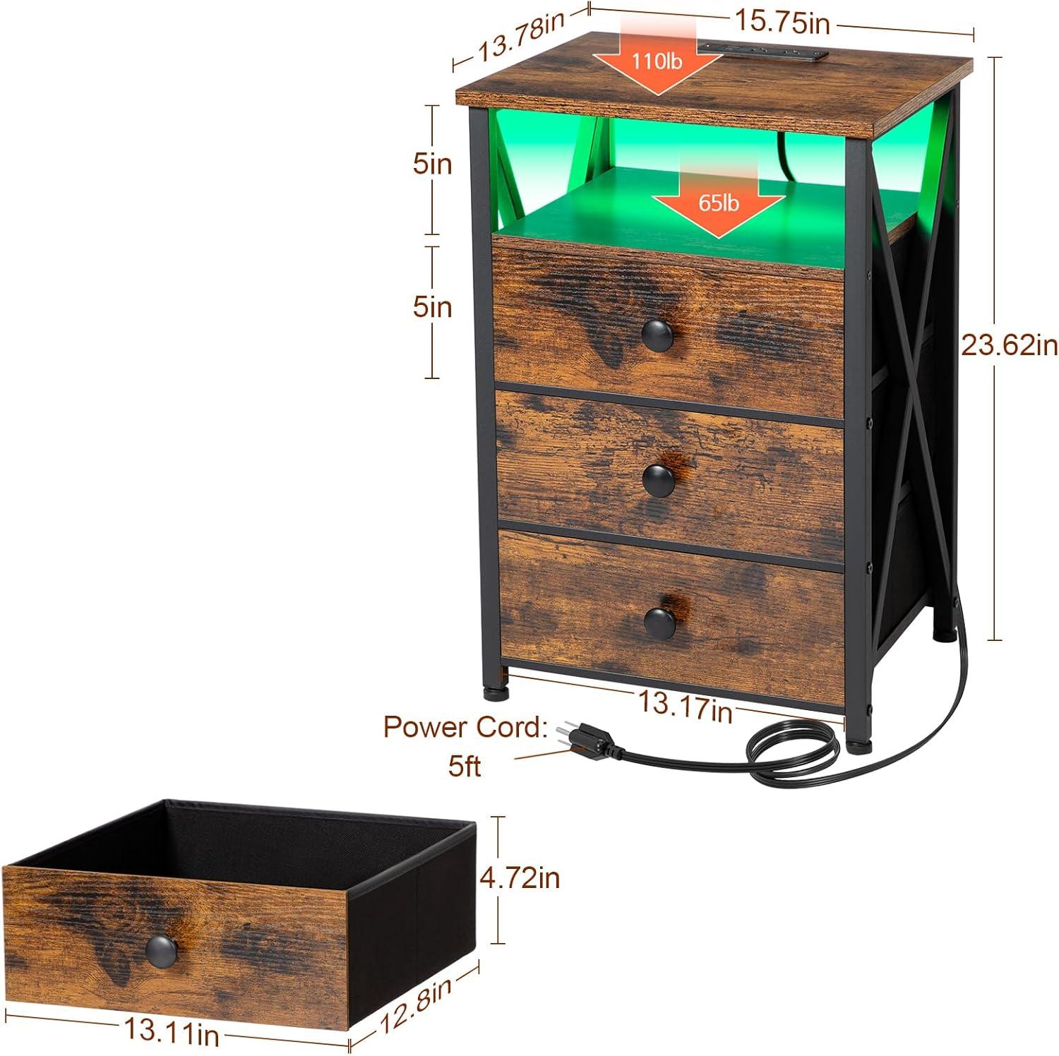 Rustic Brown LED Nightstand Set with Charging Station and Fabric Drawers