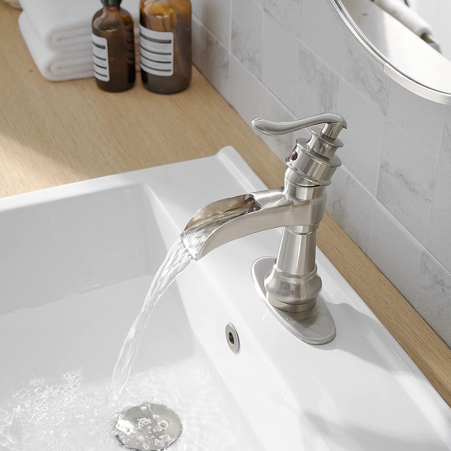 Brushed Nickel Waterfall Single Handle Bathroom Faucet with Pop-Up Drain