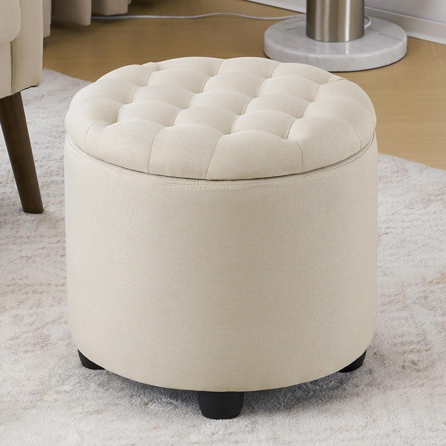 Furniliving Upholstered Round Storage Ottoman Large Tufted Ottoman with Removable Lid Footrest Stool for Living Room, Bedroom, Beige