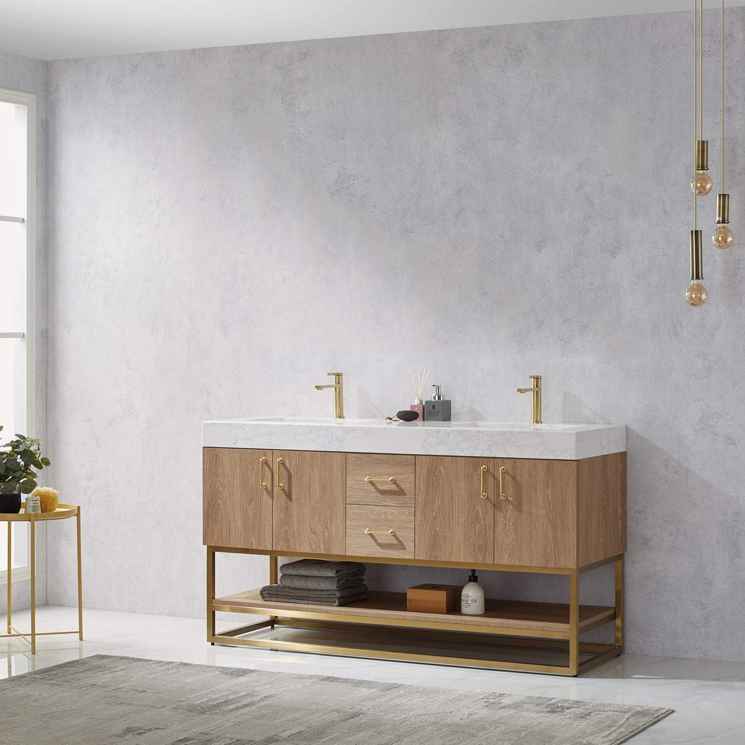 Alistair 60" Oak Double Vanity with White Stone Top and Brushed Gold Trim