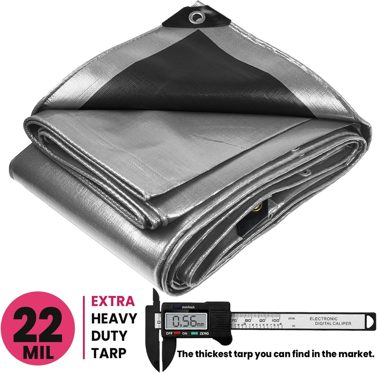 Protarp 22 Mil Extreme Heavy Duty Tarp Camping Tarpaulin Waterproof Cover, Silver/Black 12′ X 20′Ft