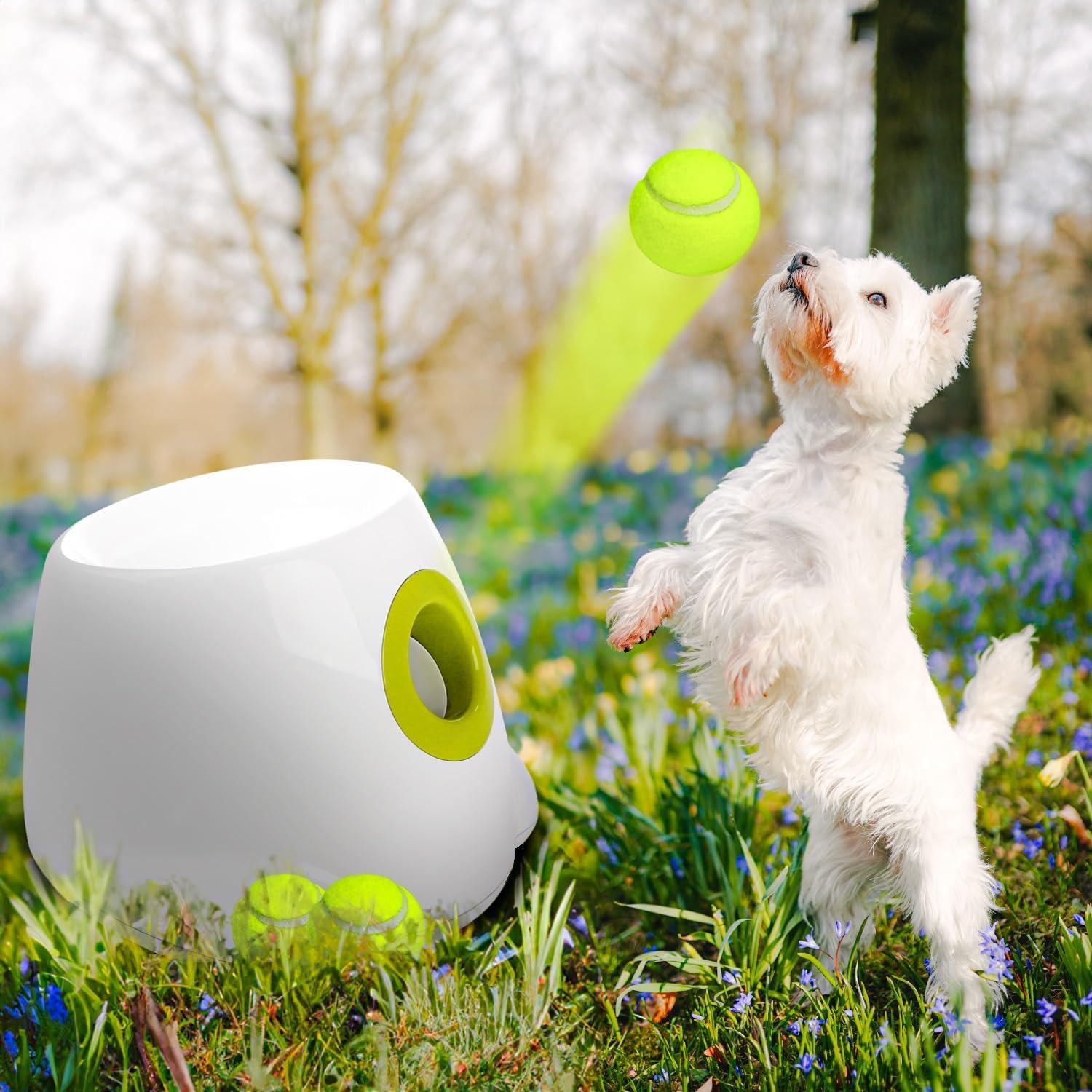 White and Yellow Automatic Dog Ball Launcher with Adjustable Distance