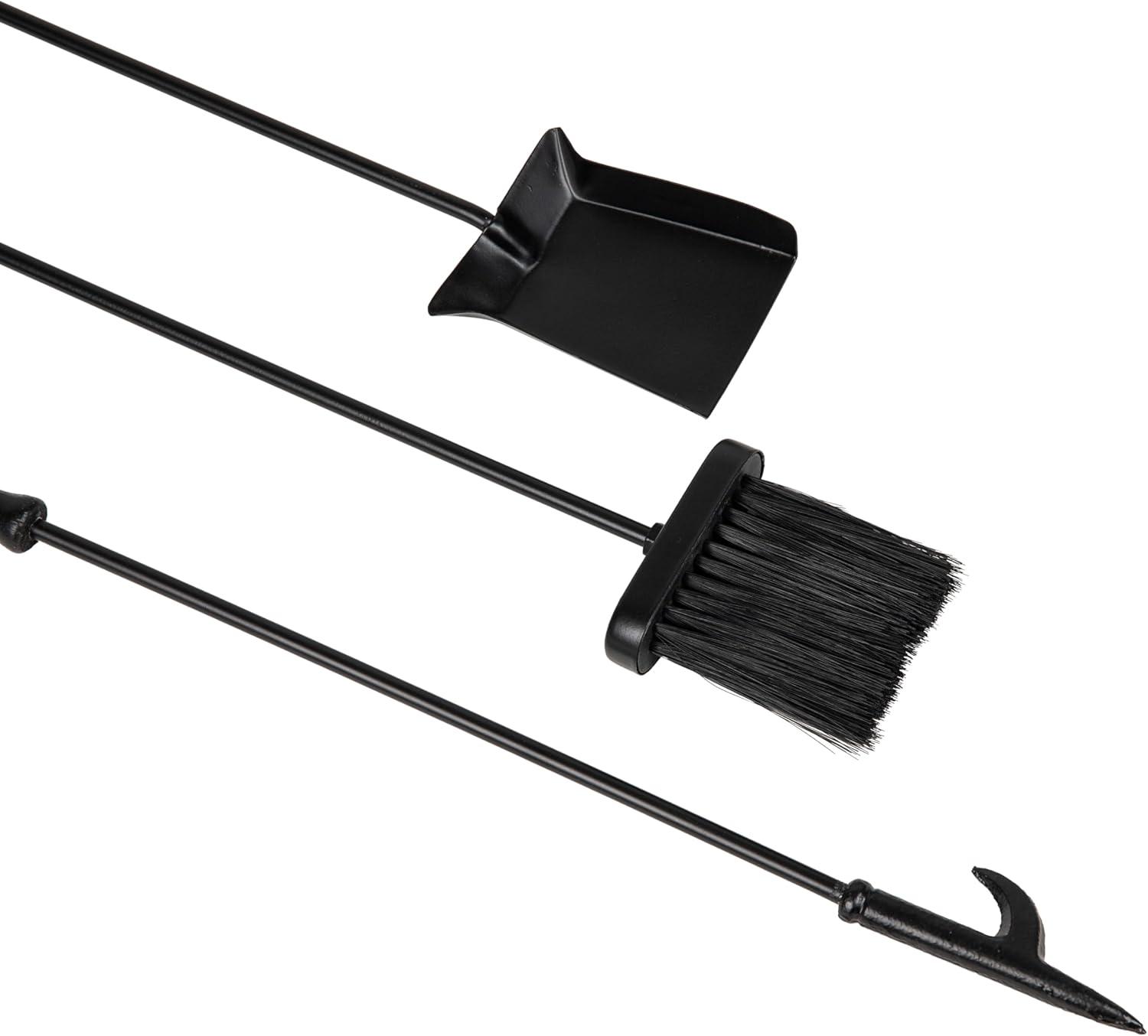 Symple Stuff Fireplace Tool Set, Poker, Ash Brush, Shovel Scoop, Stand, Wrought Iron and Steel, 6.25"L x 6.25"W x 30"H