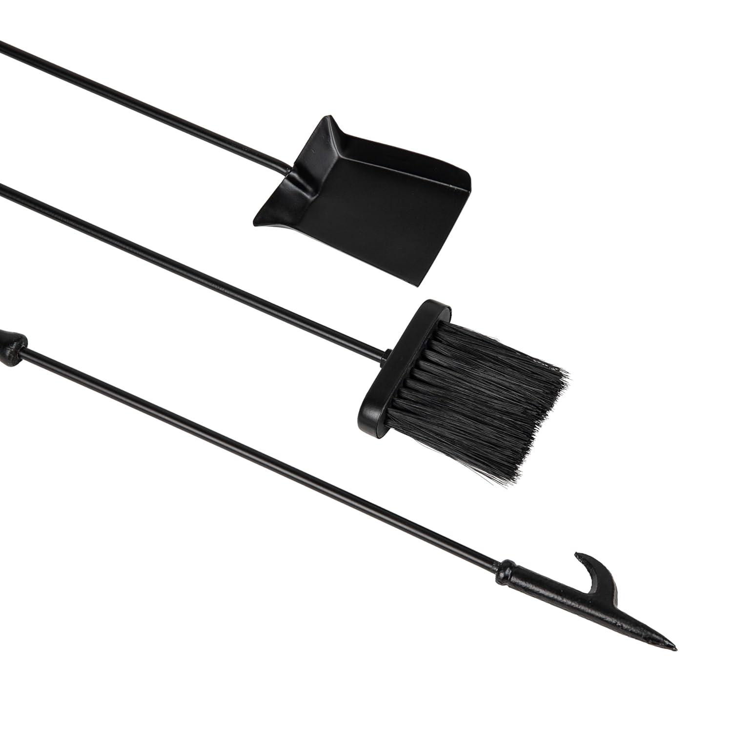 Symple Stuff Fireplace Tool Set, Poker, Ash Brush, Shovel Scoop, Stand, Wrought Iron and Steel, 6.25"L x 6.25"W x 30"H