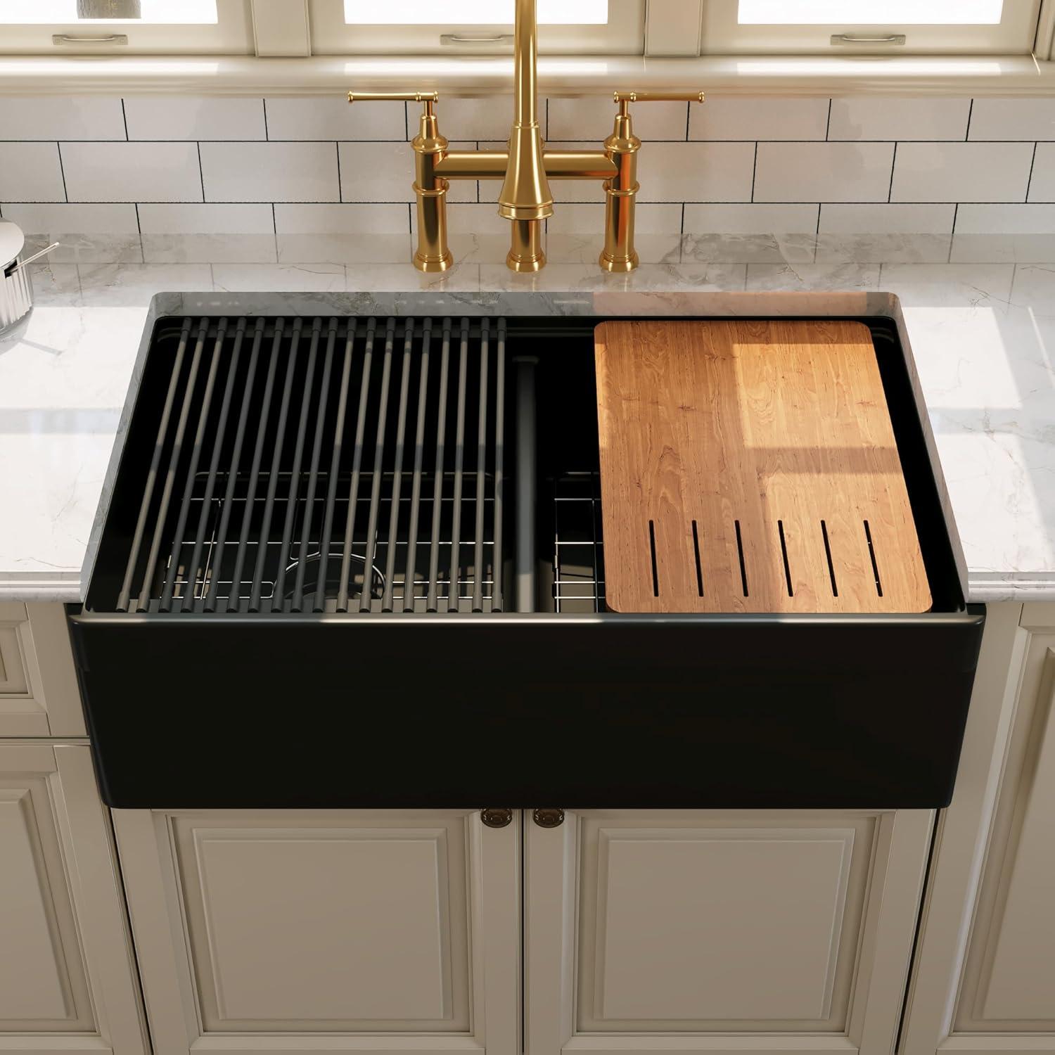 33"L x 20"W Farmhouse Kitchen Sink Deep Single Bowl Fireclay Workstation Sink with Cutting Board and Dish Drying Rack