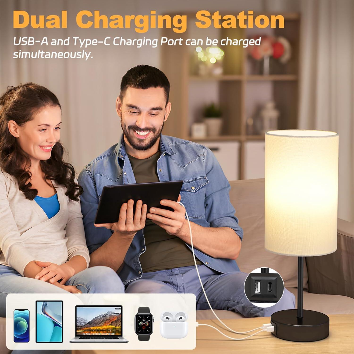 Ebern Designs Table Lamp For Bedroom, 3 Way Dimmable Touch Lamp With Dual Charging Station, Small Bedside Lamps For Night Stands, Living Room, Office(LED Bulb Included)