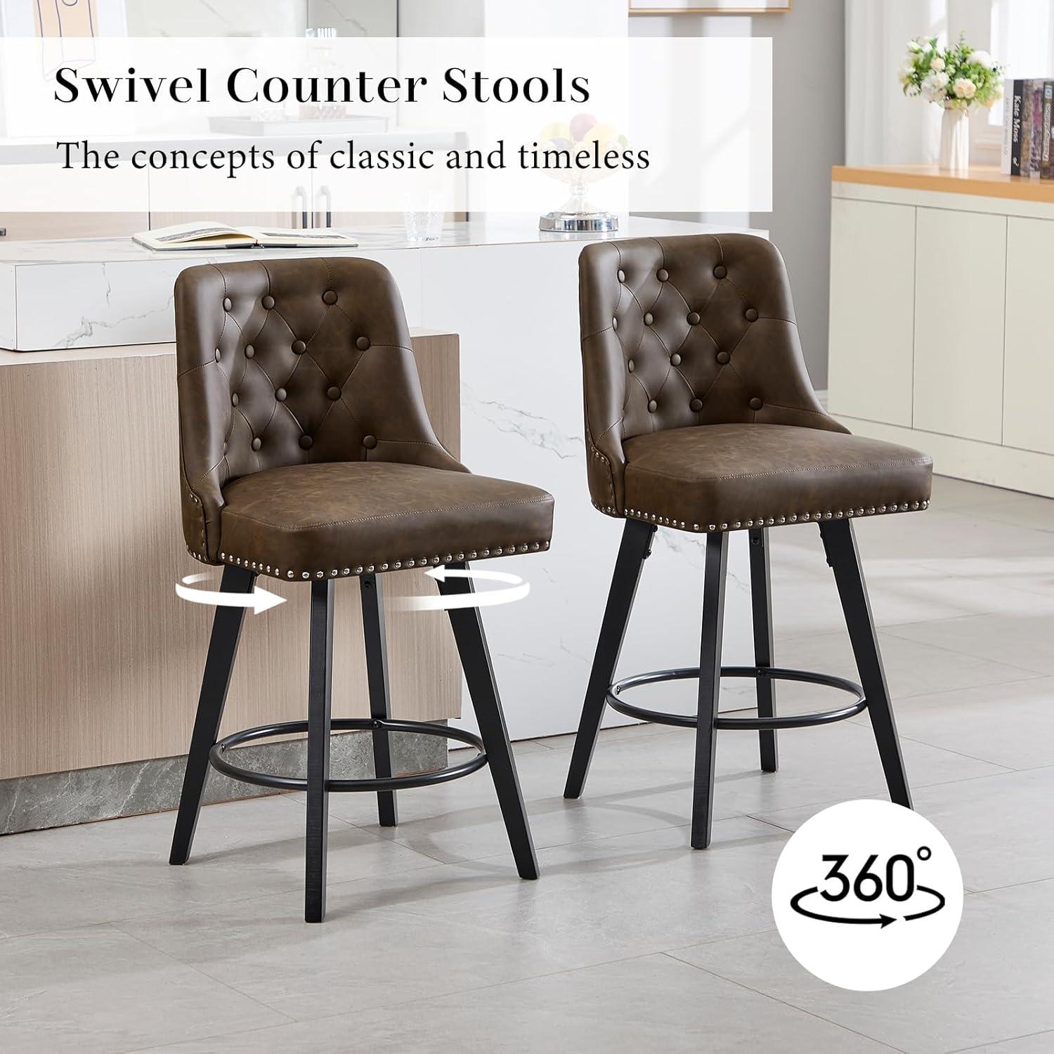 Counter Bar Stools Set of 2, Modern Swivel Bar Stools with Back and Wood Legs, 26" H Upholstered Bar Chair for Kitchen Island Home Bar, Leather Brown