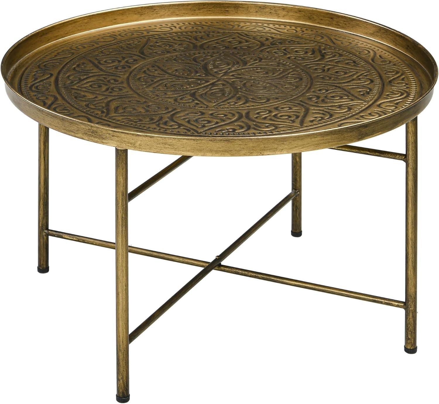 HOMCOM 24" Round Coffee Table with Hammered Tray Top, Vintage Metal Center Table for Living Room, Bedroom, Side Table, Gold