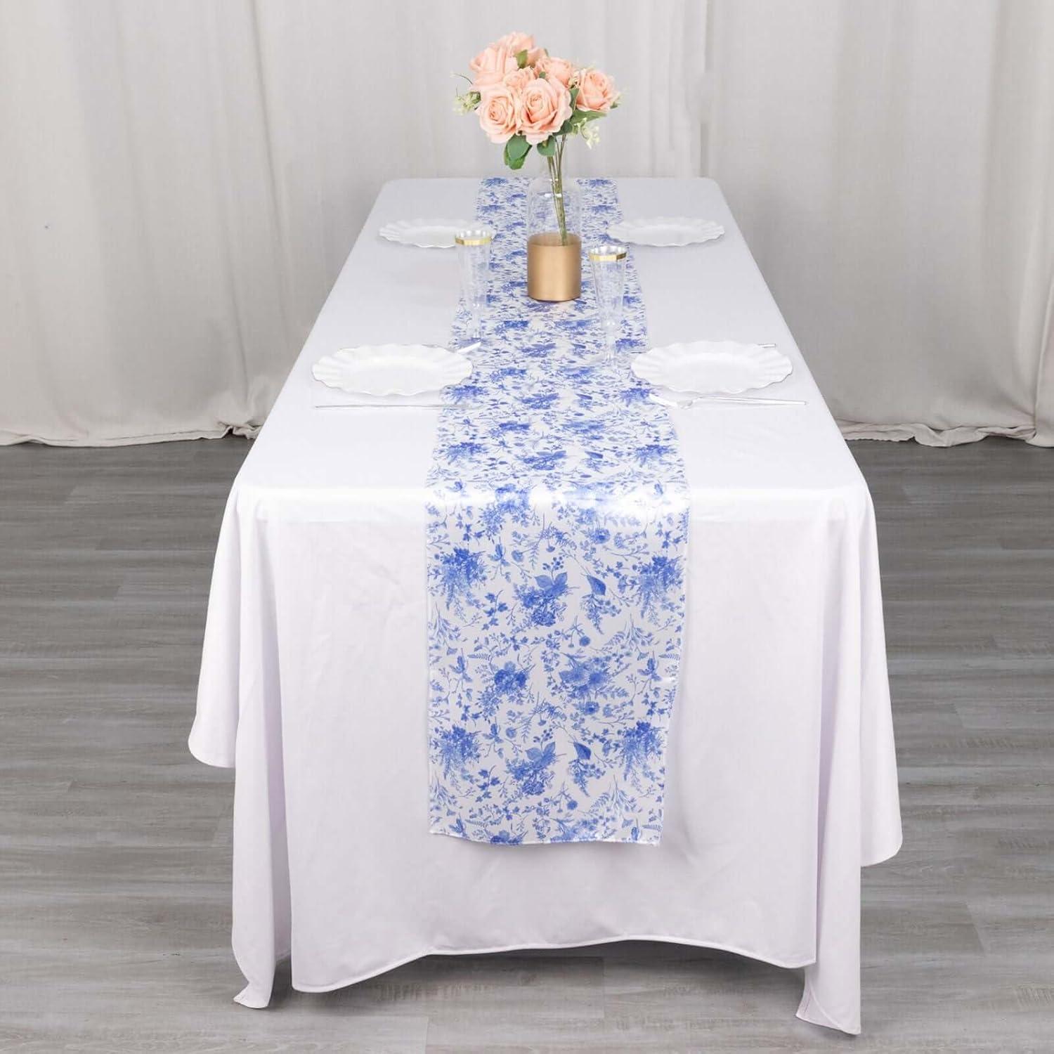 Efavormart 12"x108" White Blue Chinoiserie Floral Print Satin Table Runner