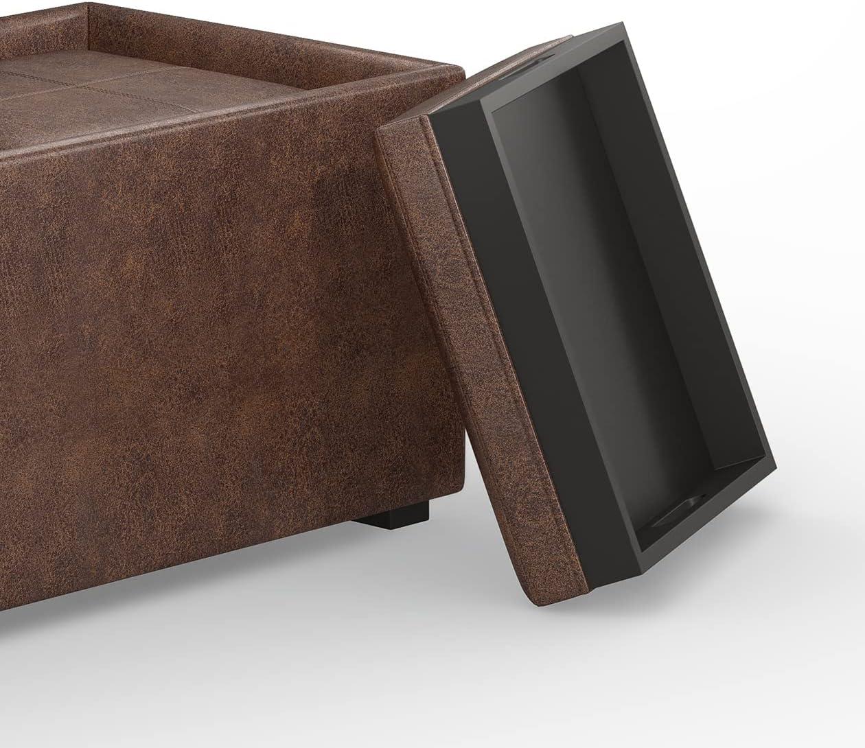 Simpli Home Avalon 35"W Upholstered Storage Ottoman Set with 5 Pieces and Flip-Over Serving Tray Lids